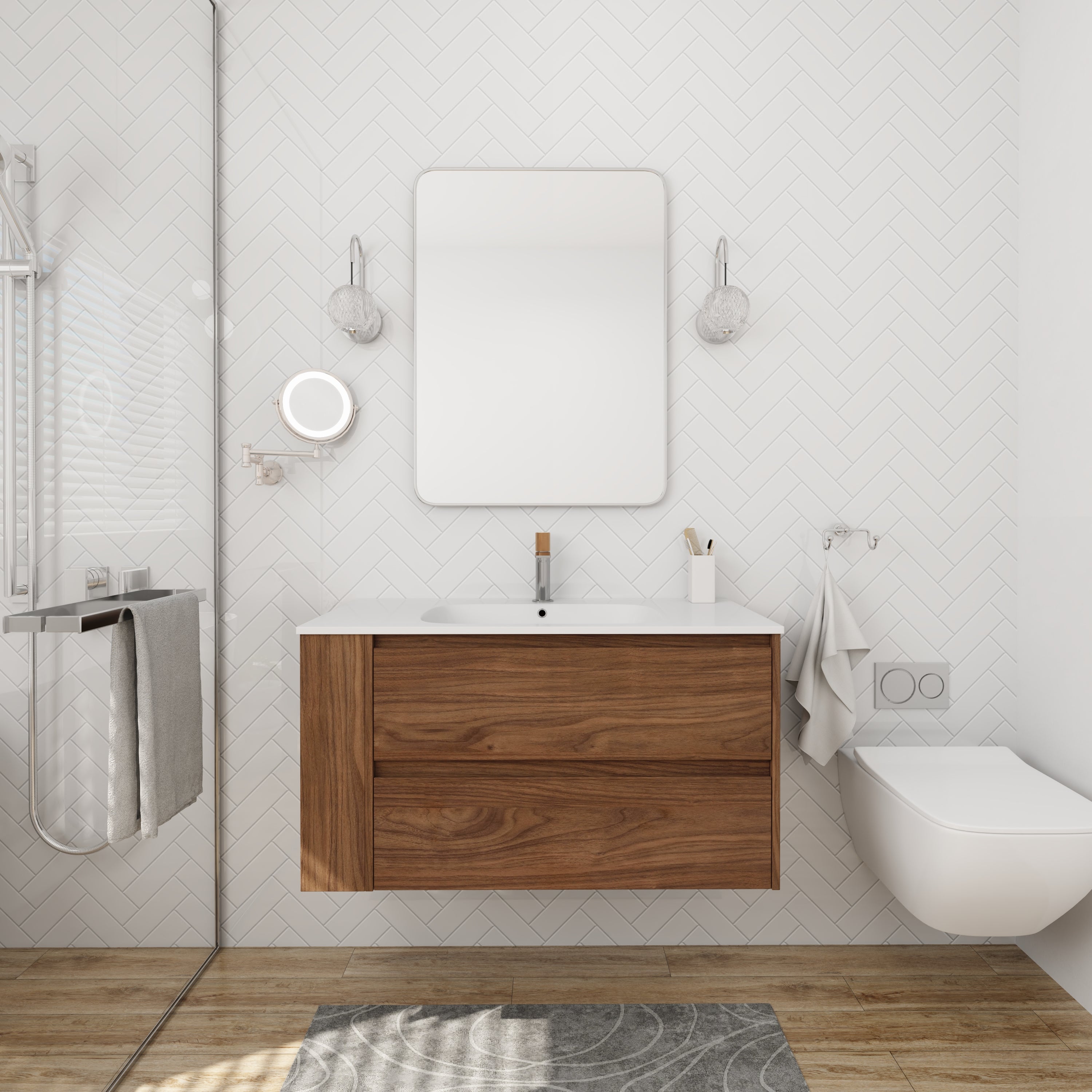 36 inch Plywood Wall Mounted Bathroom Vanity  with Integrated Resin Sink with Drain
