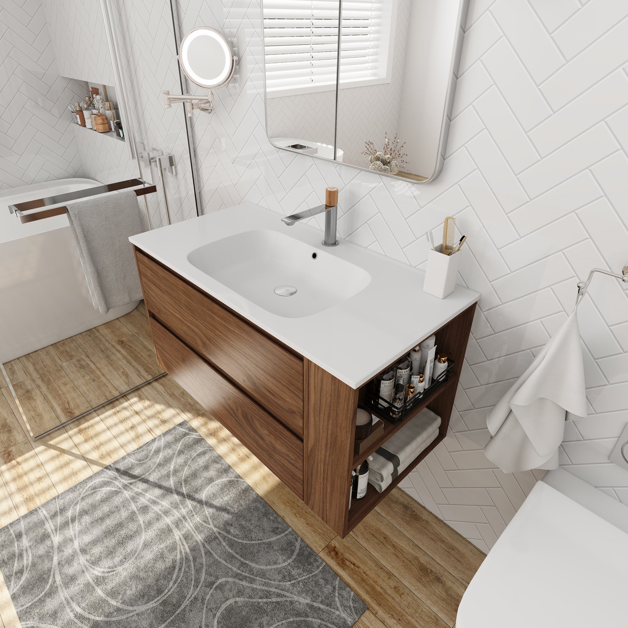 36 inch Plywood Wall Mounted Bathroom Vanity  with Integrated Resin Sink with Drain