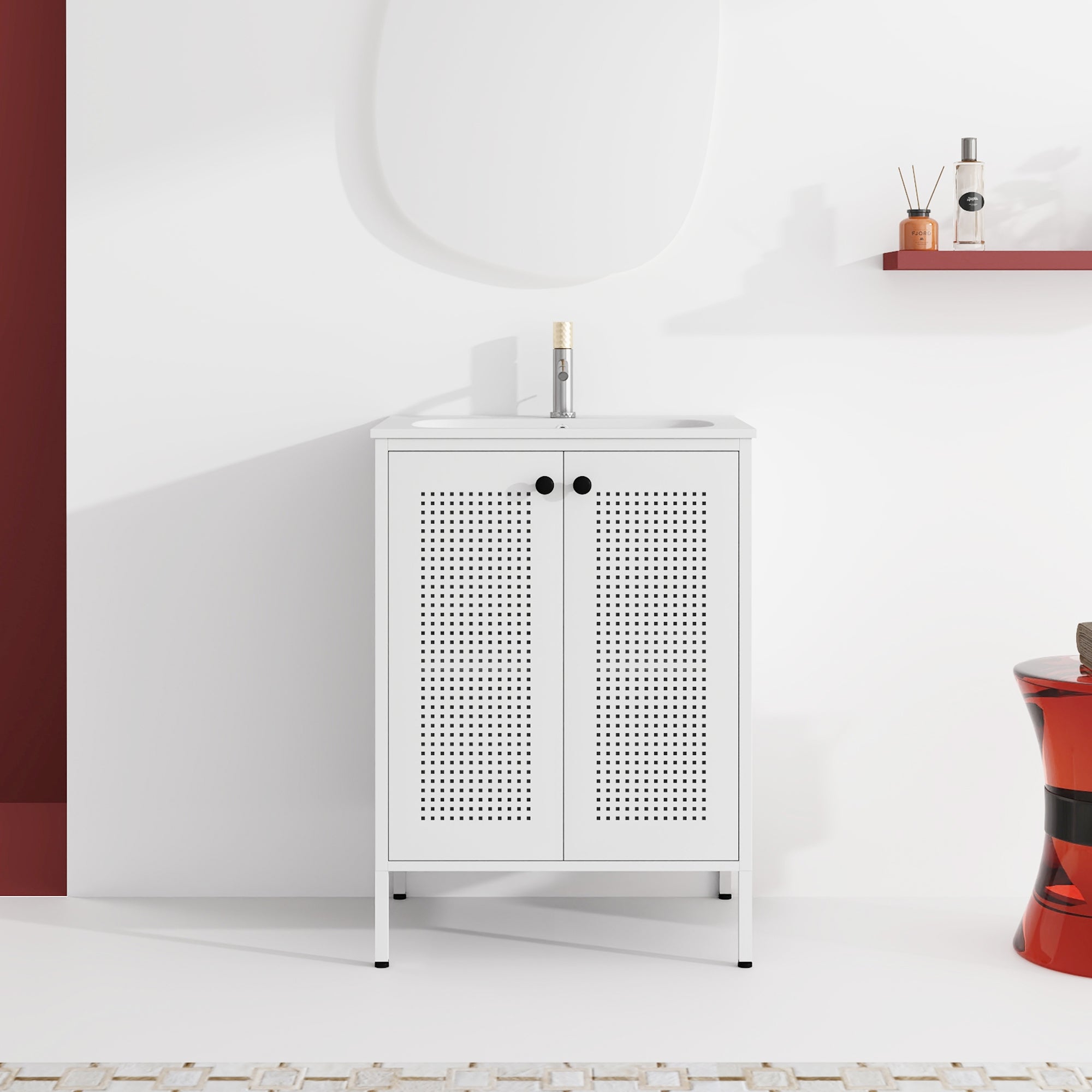 24 inch Steel Freestanding Bathroom Vanity in White with Integrated Resin Sink with Drain