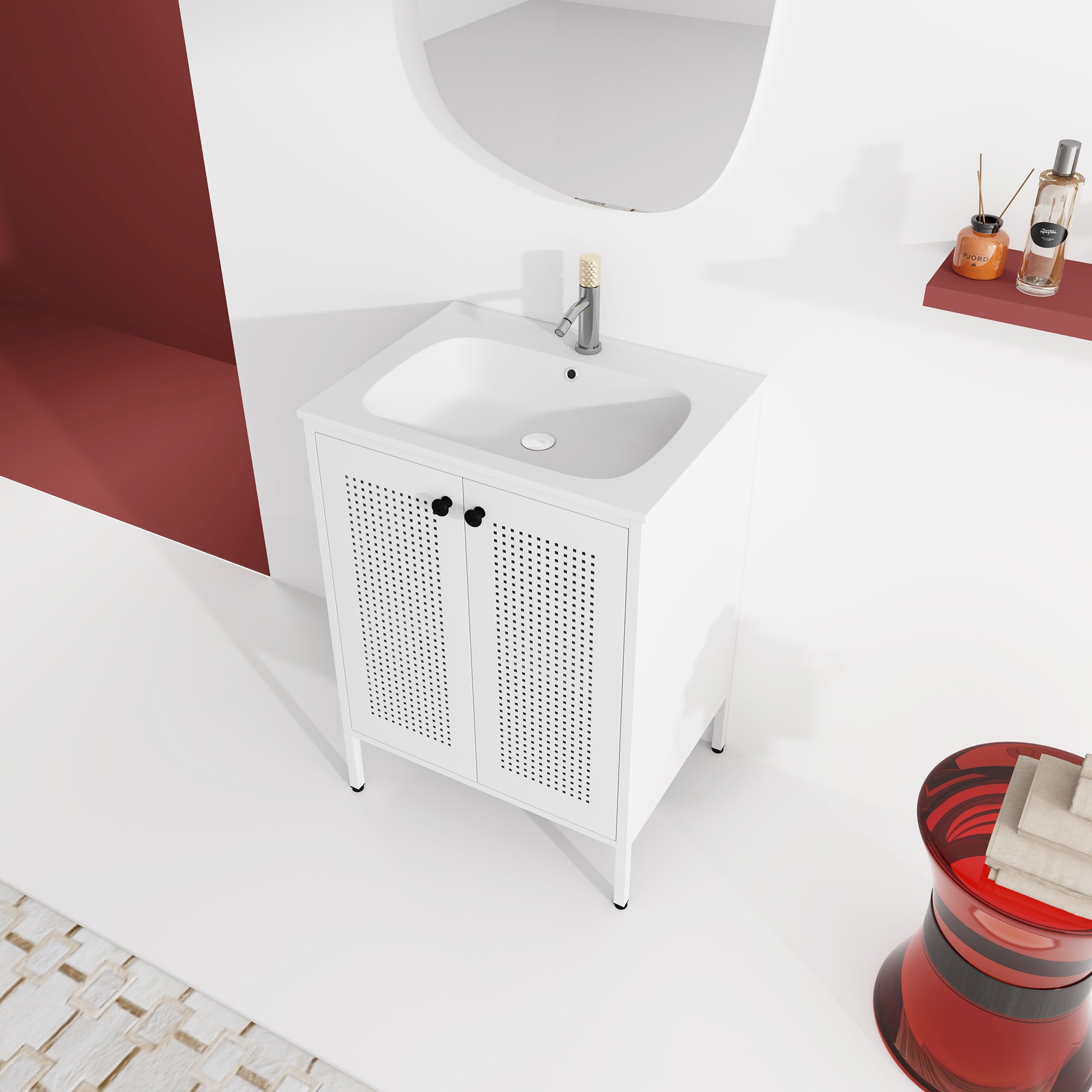 24 inch Steel Freestanding Bathroom Vanity in White with Integrated Resin Sink with Drain