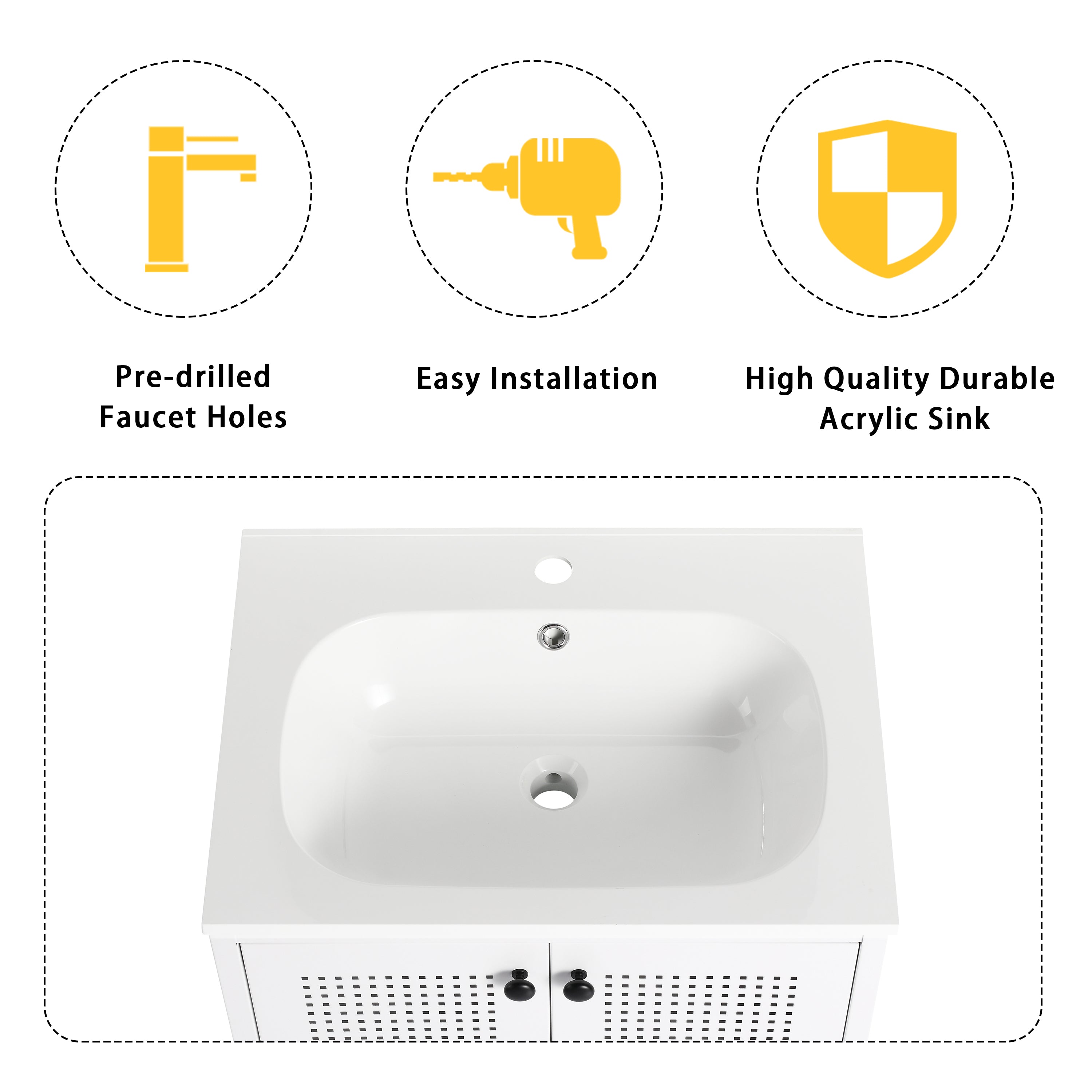 24 inch Steel Freestanding Bathroom Vanity in White with Integrated Resin Sink with Drain