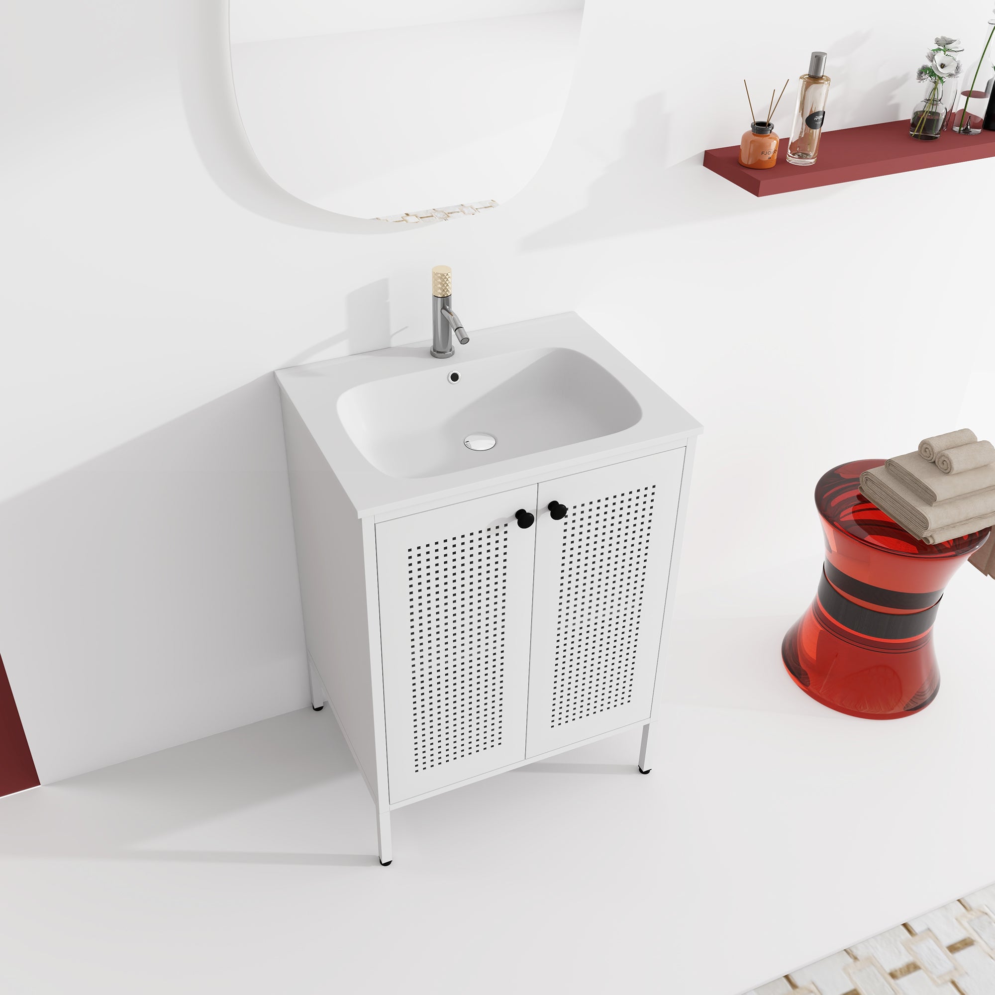 24 inch Steel Freestanding Bathroom Vanity in White with Integrated Resin Sink with Drain