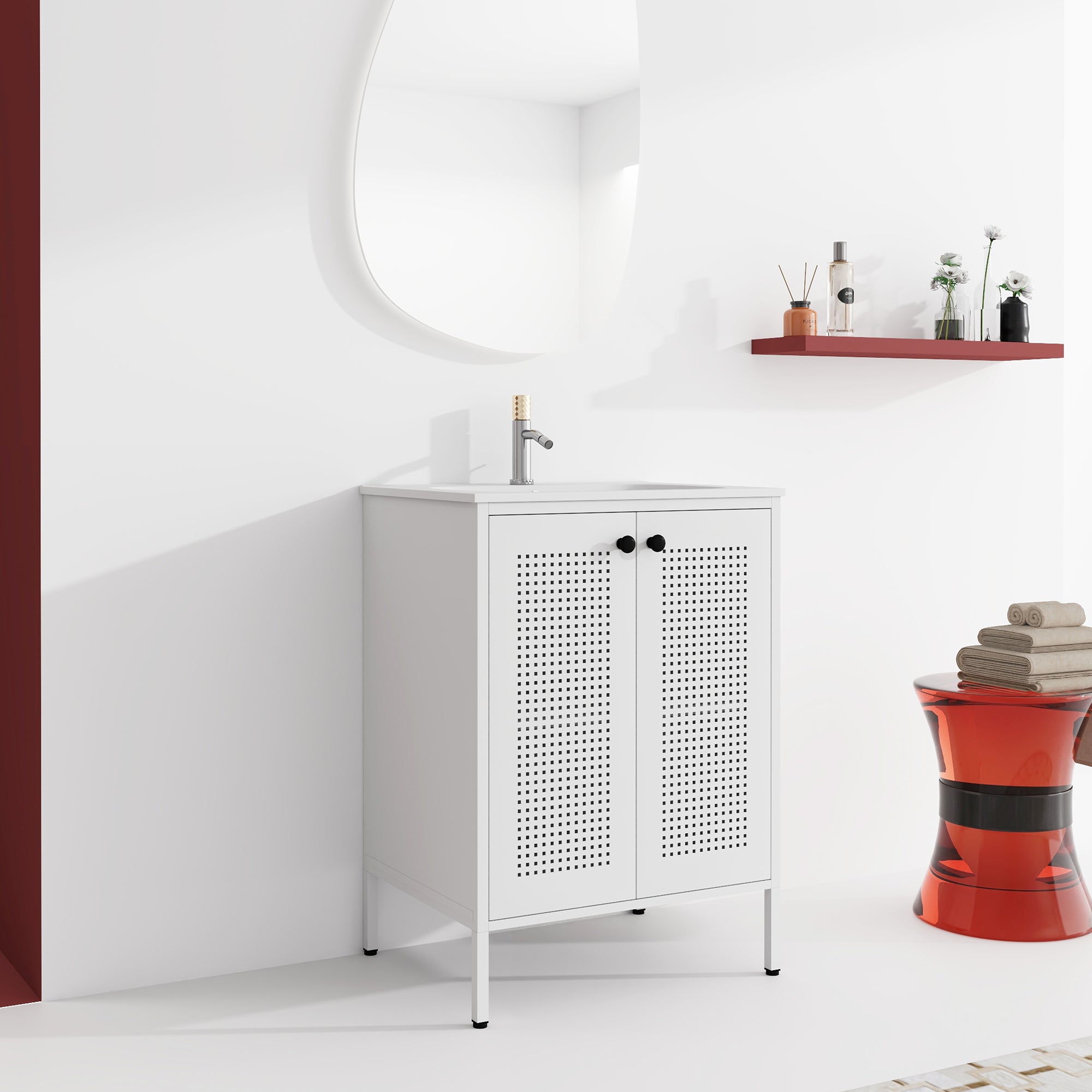 24 inch Steel Freestanding Bathroom Vanity in White with Integrated Resin Sink with Drain