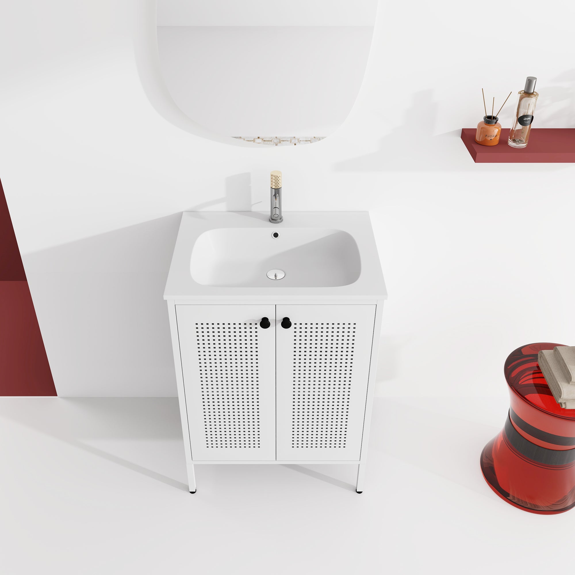 24 inch Steel Freestanding Bathroom Vanity in White with Integrated Resin Sink with Drain
