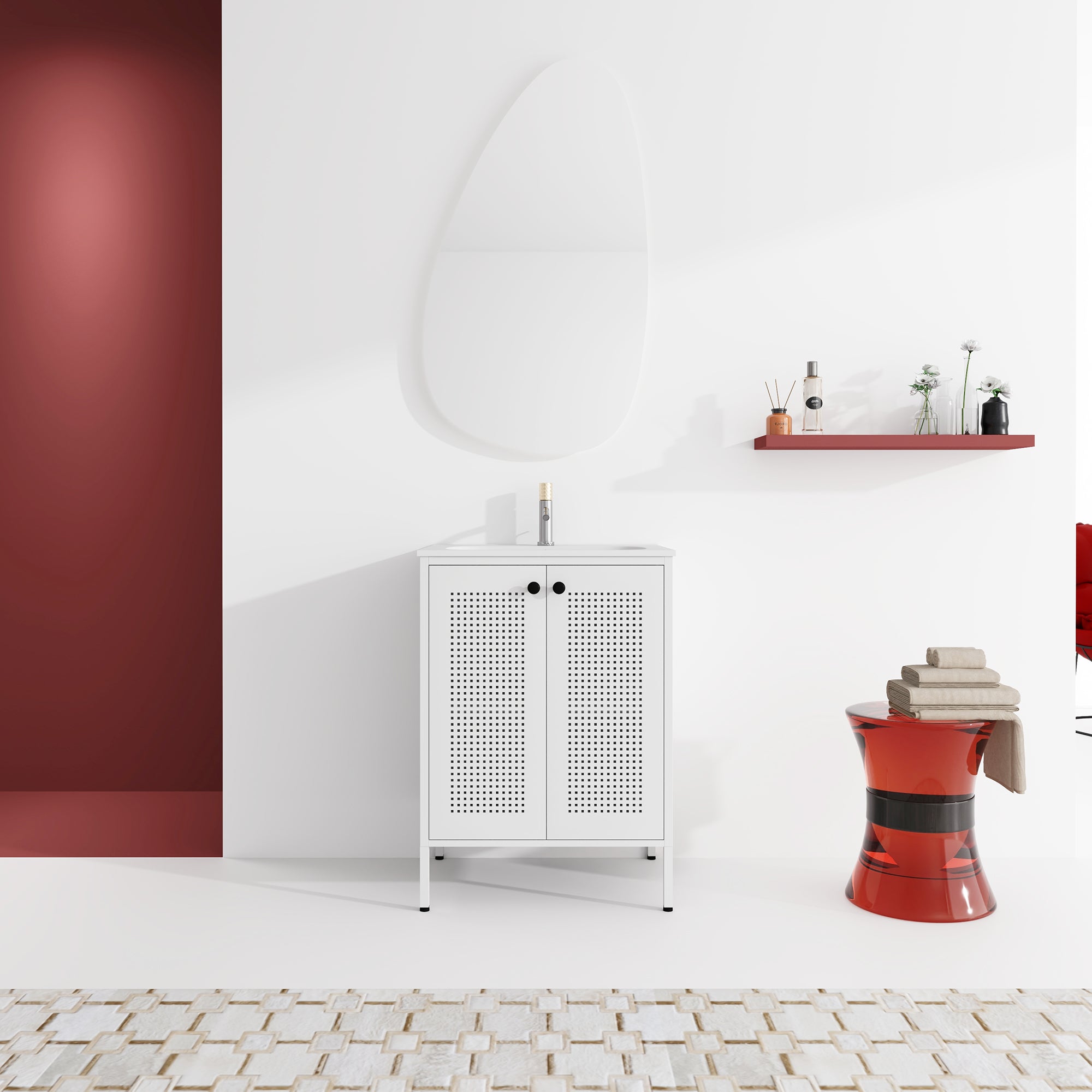 24 inch Steel Freestanding Bathroom Vanity in White with Integrated Resin Sink with Drain