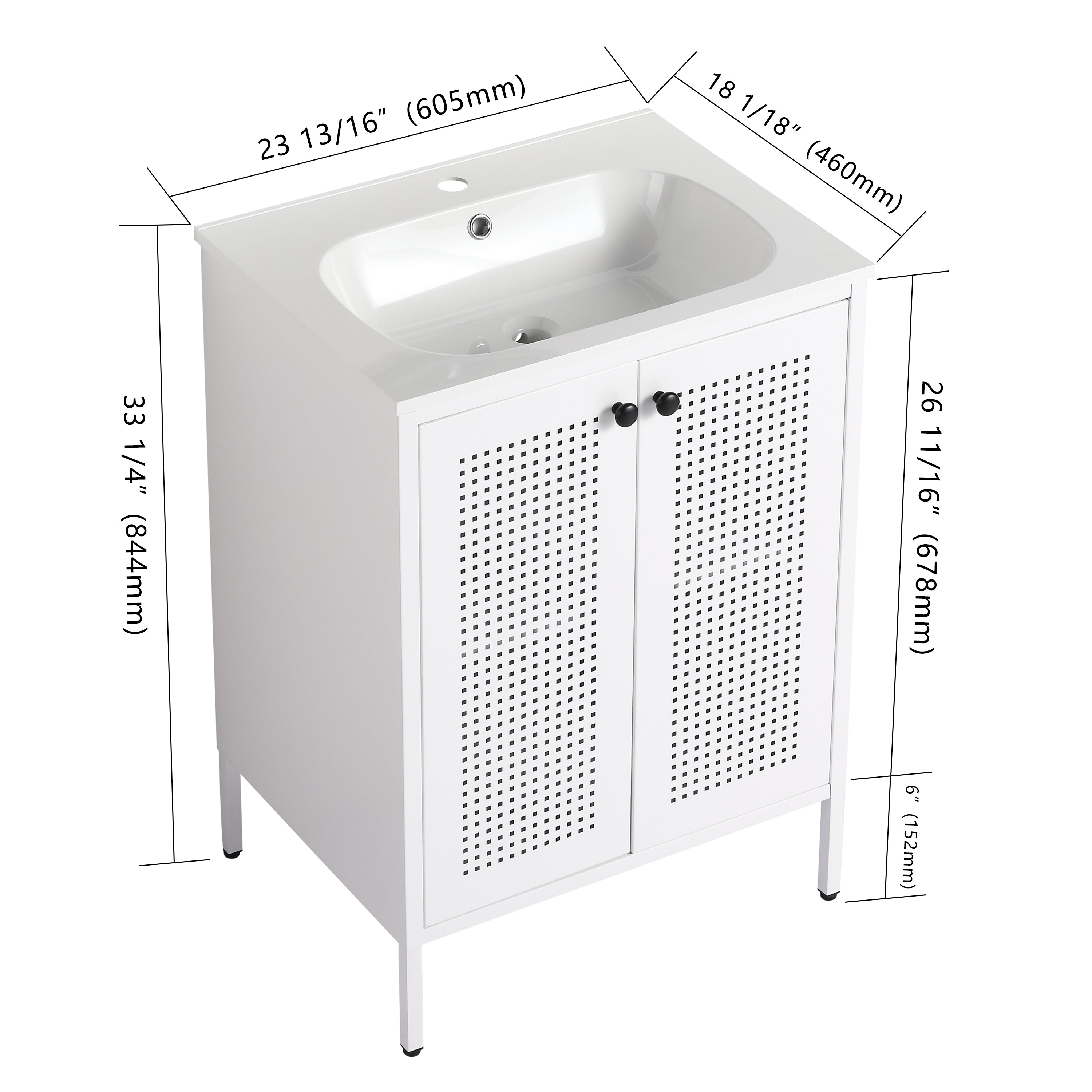 24 inch Steel Freestanding Bathroom Vanity in White with Integrated Resin Sink with Drain