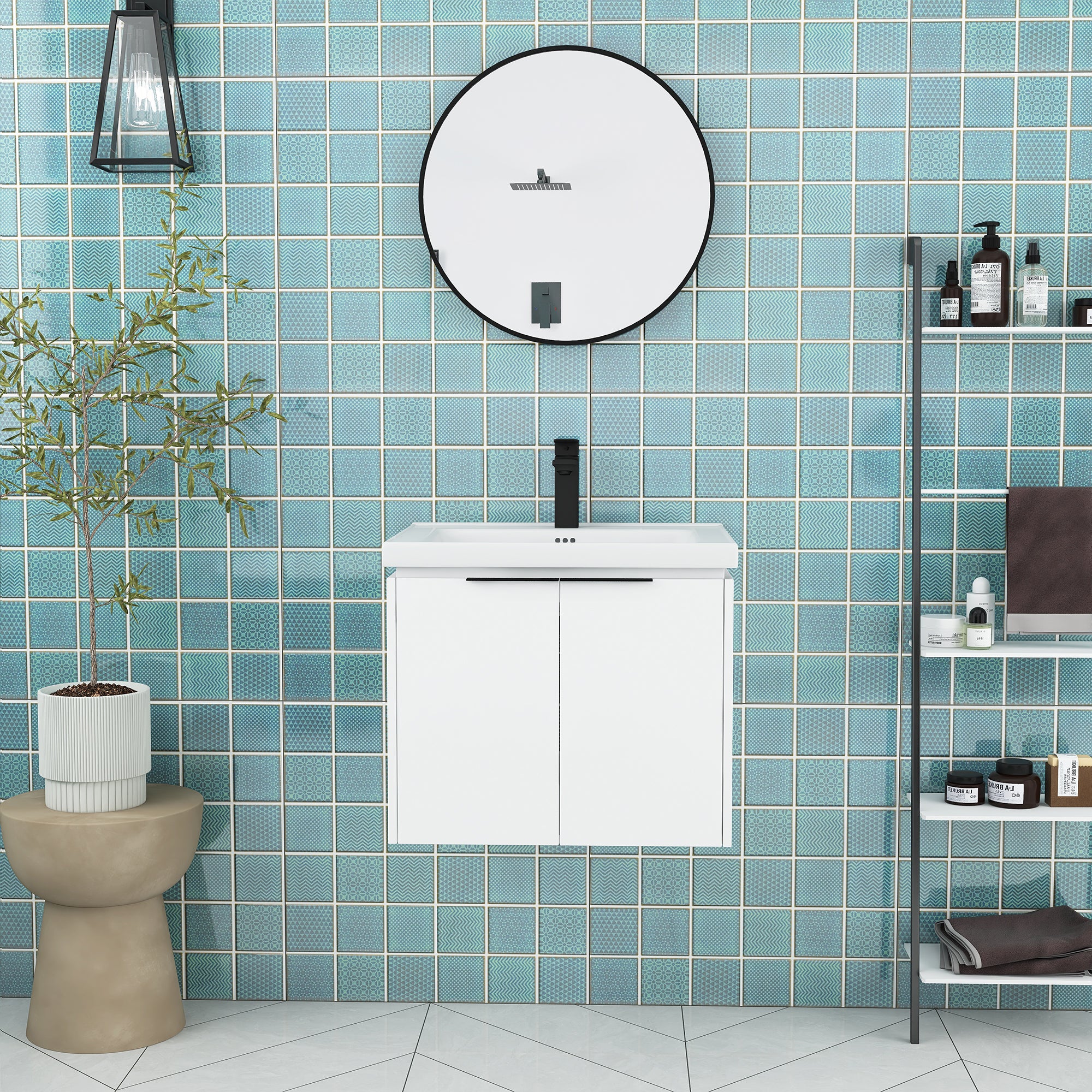 24 inch Plywood Wall Mounted Bathroom Vanity in White with Integrated Ceramic Sink with Drain