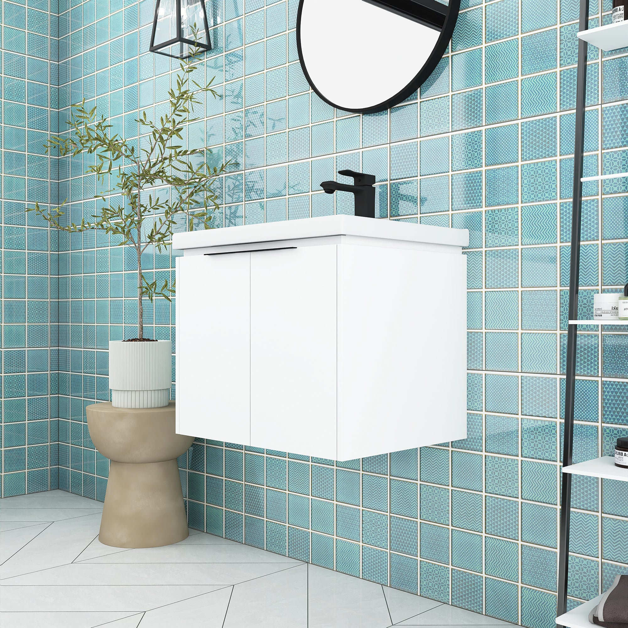 24 inch Plywood Wall Mounted Bathroom Vanity in White with Integrated Ceramic Sink with Drain