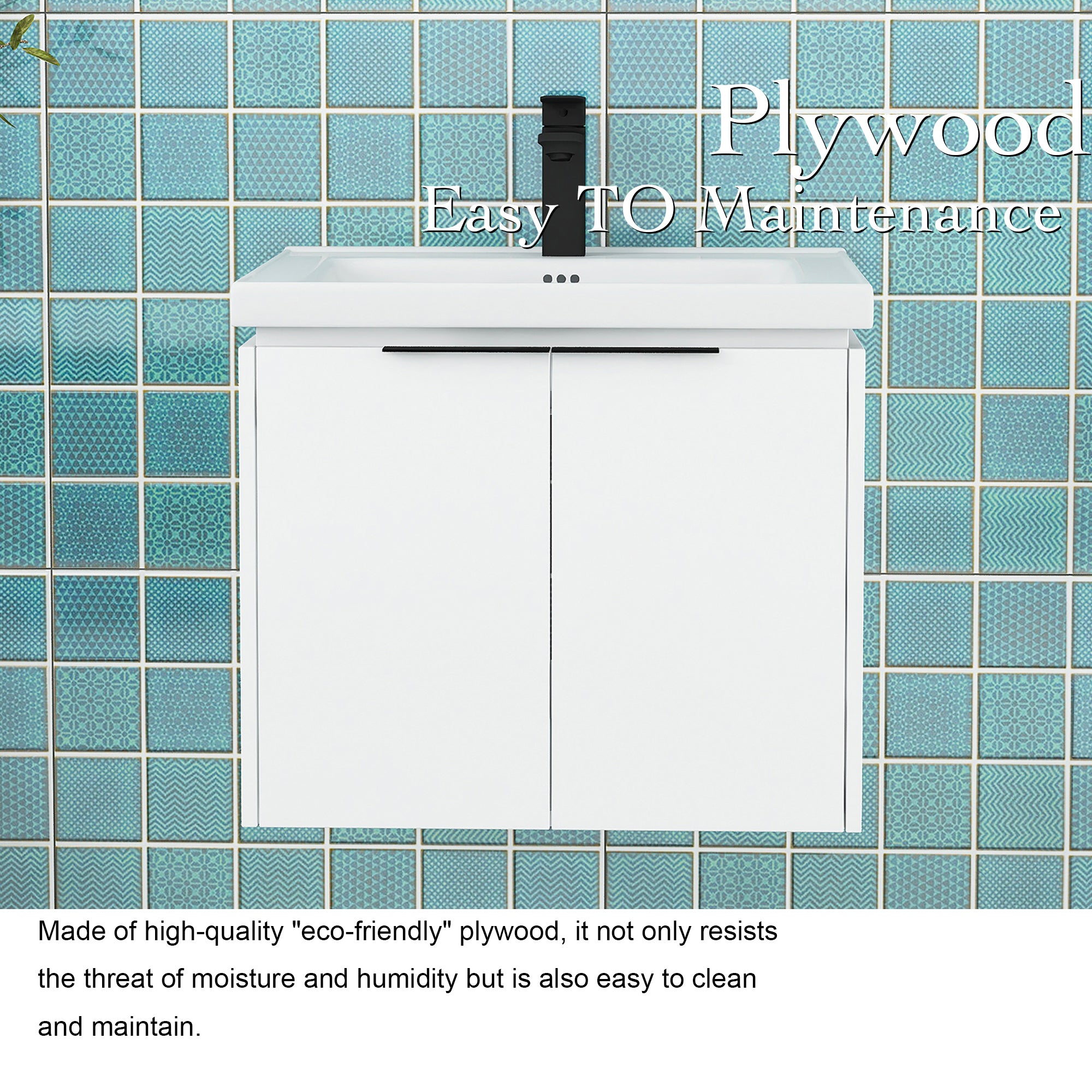 24 inch Plywood Wall Mounted Bathroom Vanity in White with Integrated Ceramic Sink with Drain