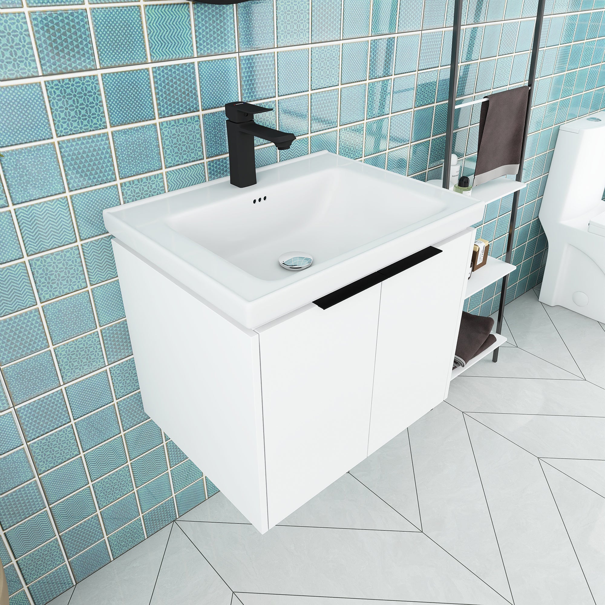 24 inch Plywood Wall Mounted Bathroom Vanity in White with Integrated Ceramic Sink with Drain