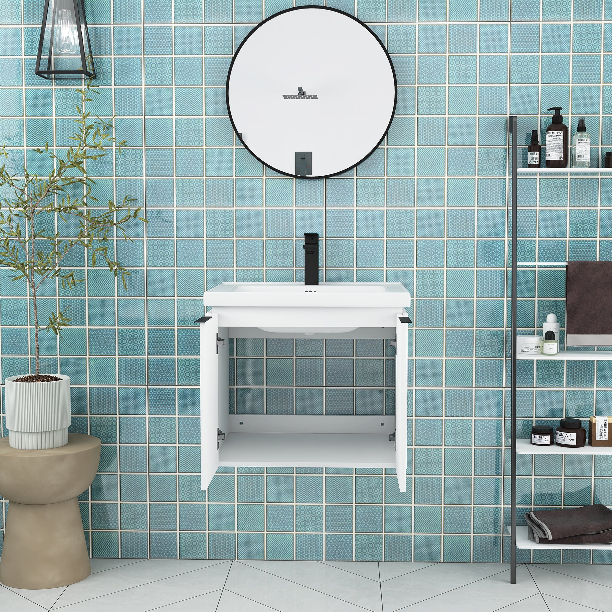 24 inch Plywood Wall Mounted Bathroom Vanity in White with Integrated Ceramic Sink with Drain