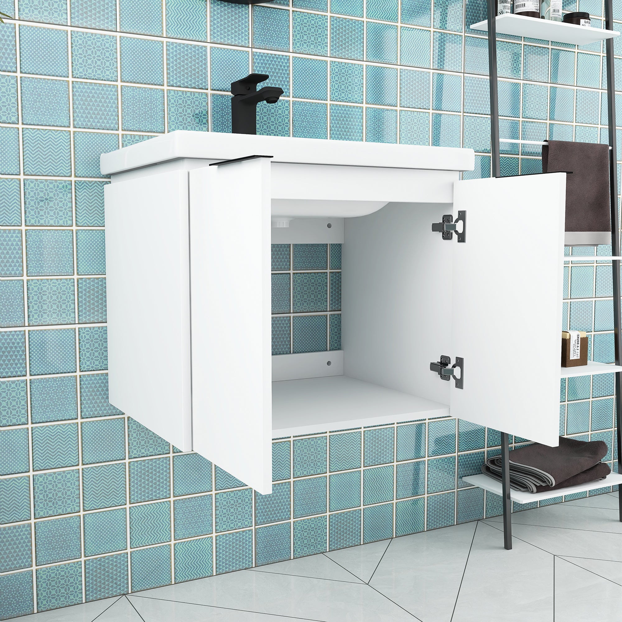 24 inch Plywood Wall Mounted Bathroom Vanity in White with Integrated Ceramic Sink with Drain
