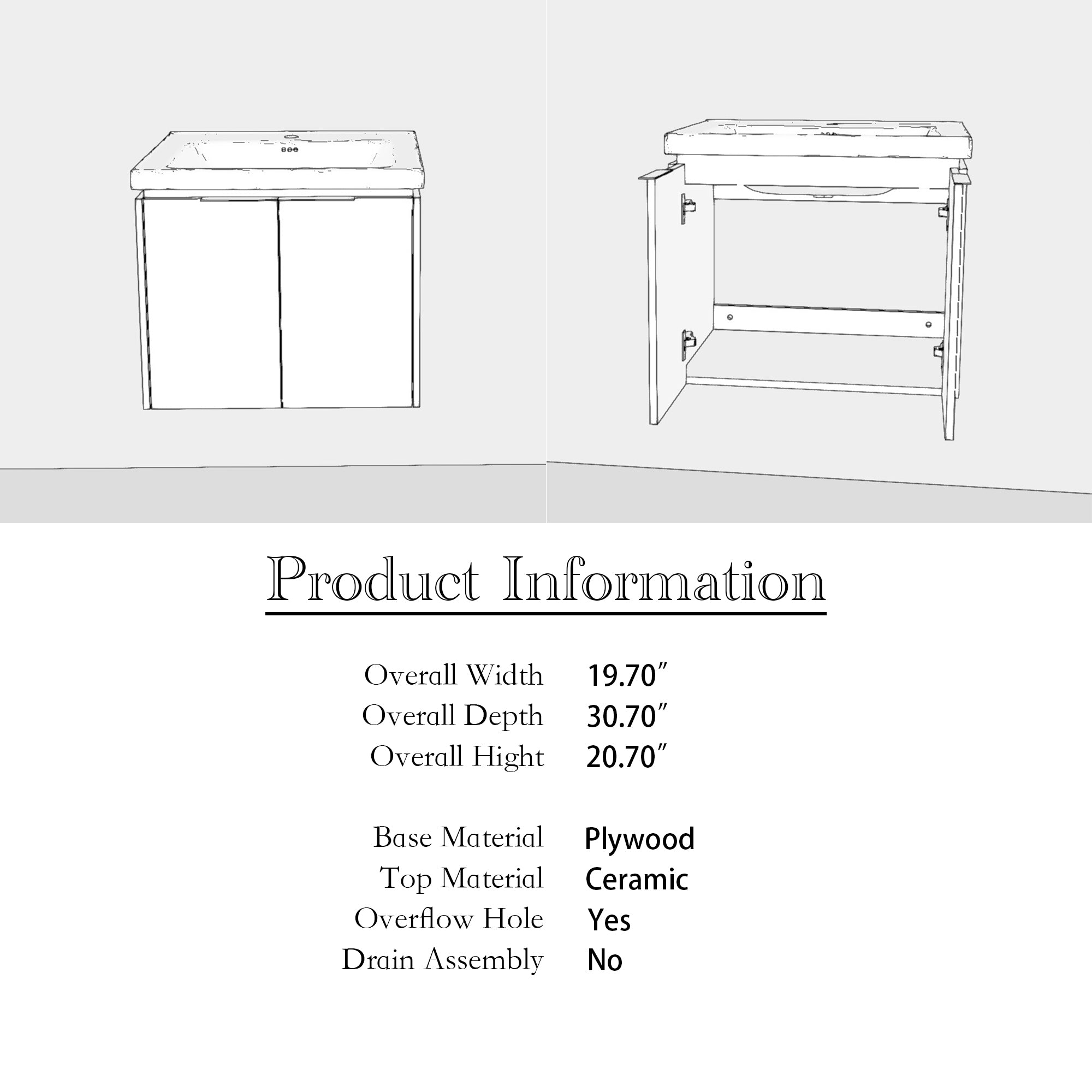 24 inch Plywood Wall Mounted Bathroom Vanity in White with Integrated Ceramic Sink with Drain