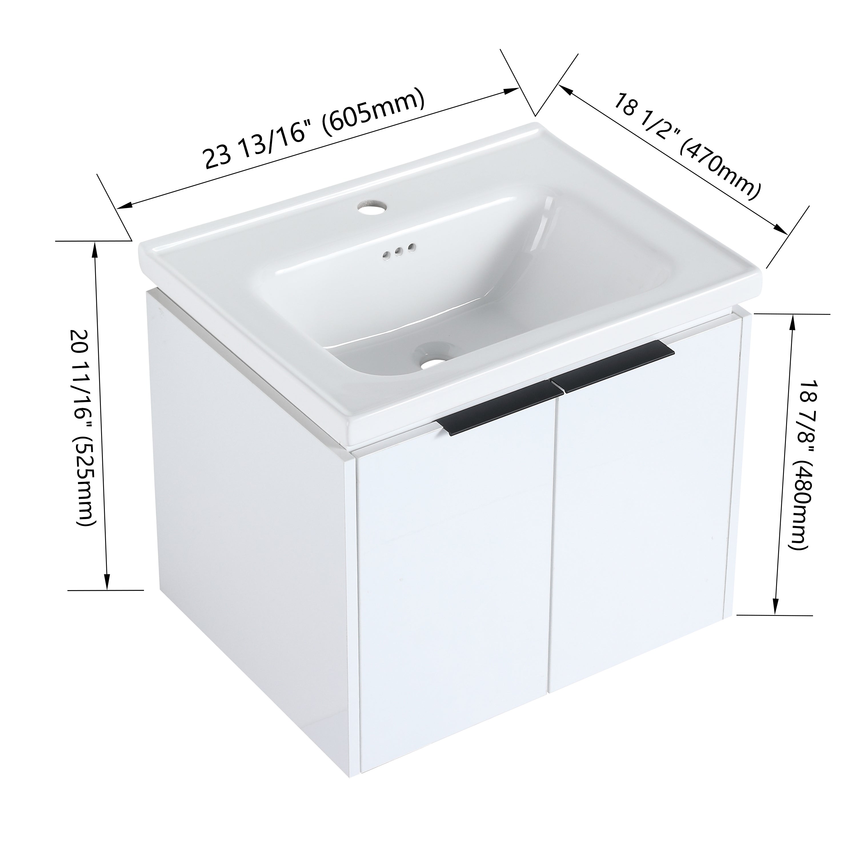 24 inch Plywood Wall Mounted Bathroom Vanity in White with Integrated Ceramic Sink with Drain