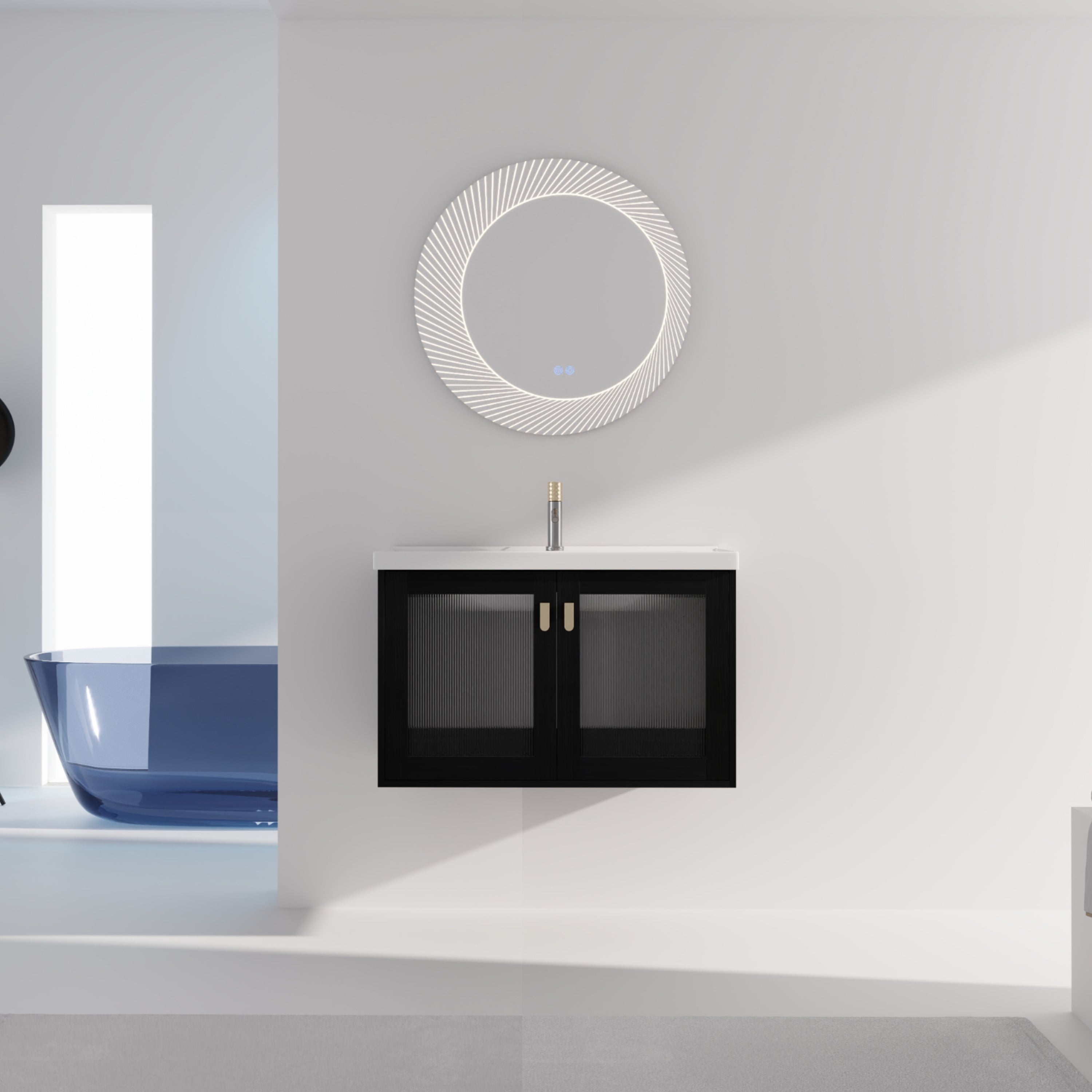  Wall-Mounted Bathroom Vanity in black with Soft Closing Door with White Ceramic Sink