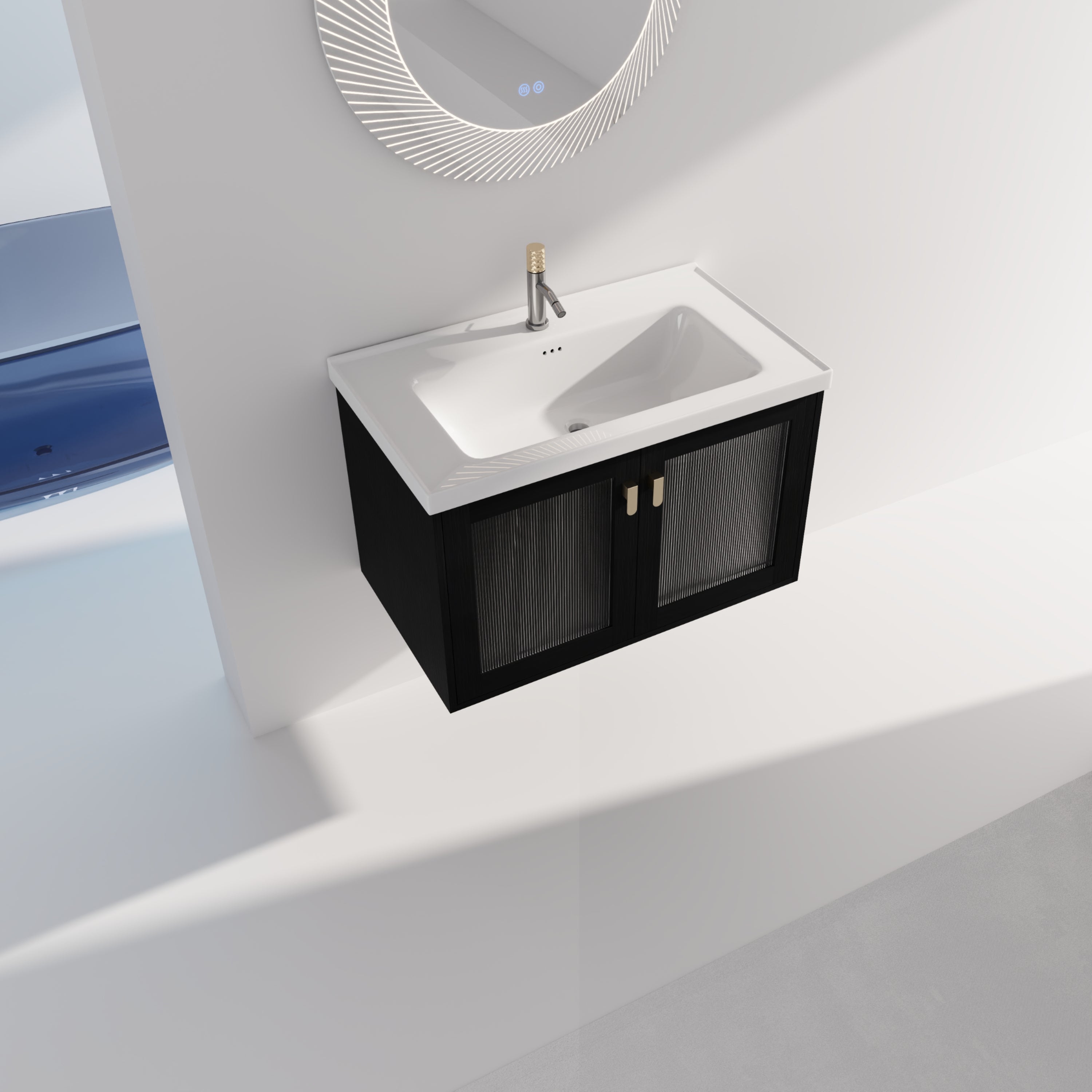  Wall-Mounted Bathroom Vanity in black with Soft Closing Door with White Ceramic Sink