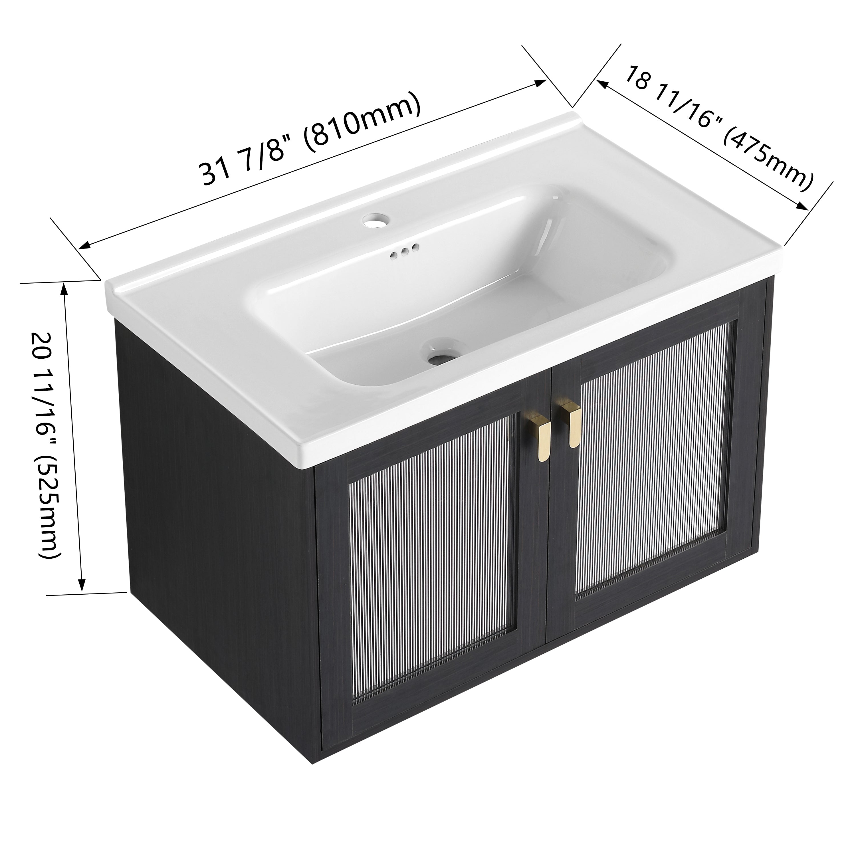  Wall-Mounted Bathroom Vanity in black with Soft Closing Door with White Ceramic Sink