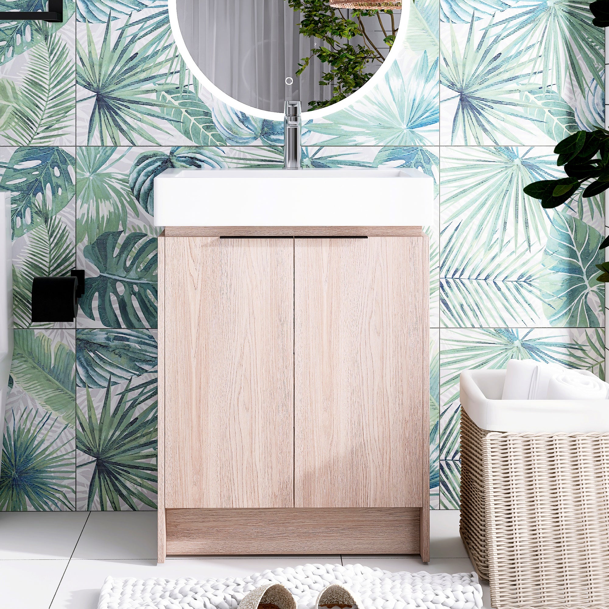 24 Inch Bathroom Vanity in White Oak With Ceramic Basin