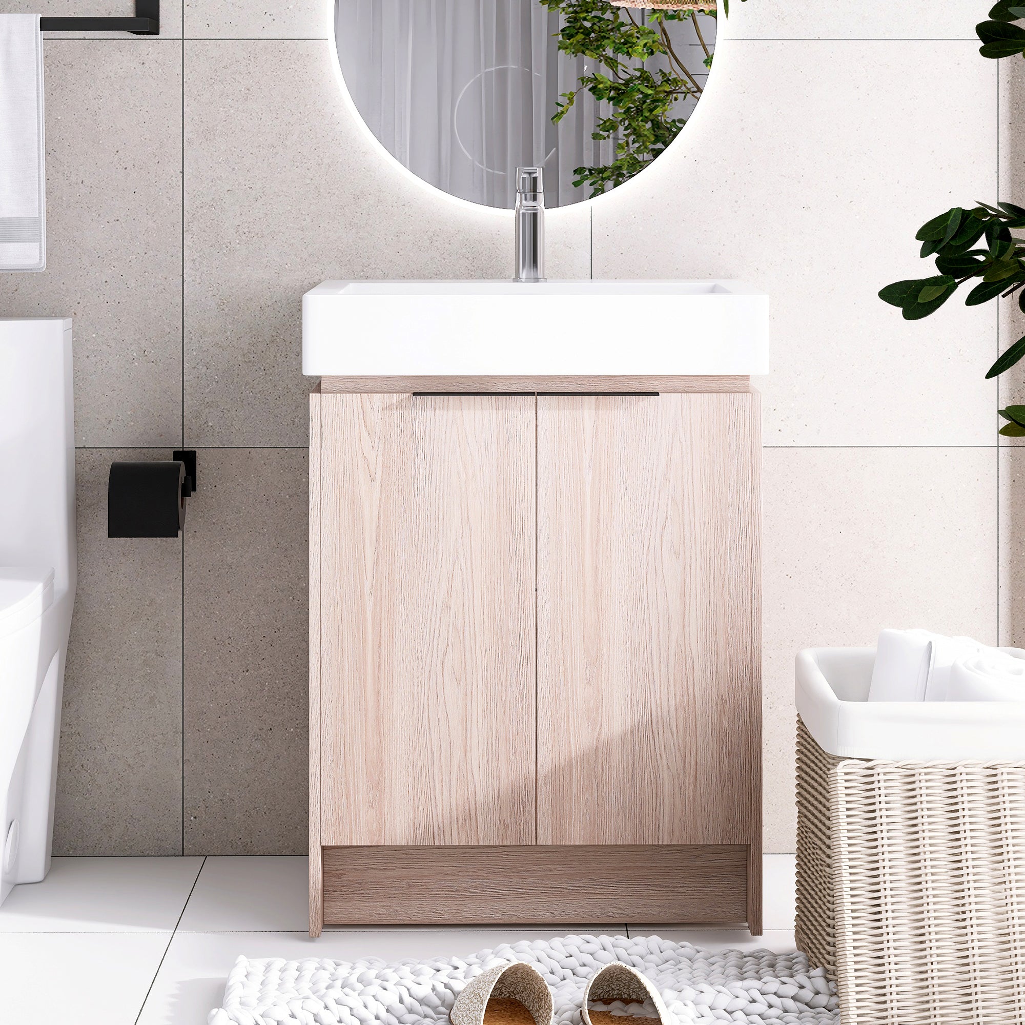 24 Inch Bathroom Vanity in White Oak With Ceramic Basin