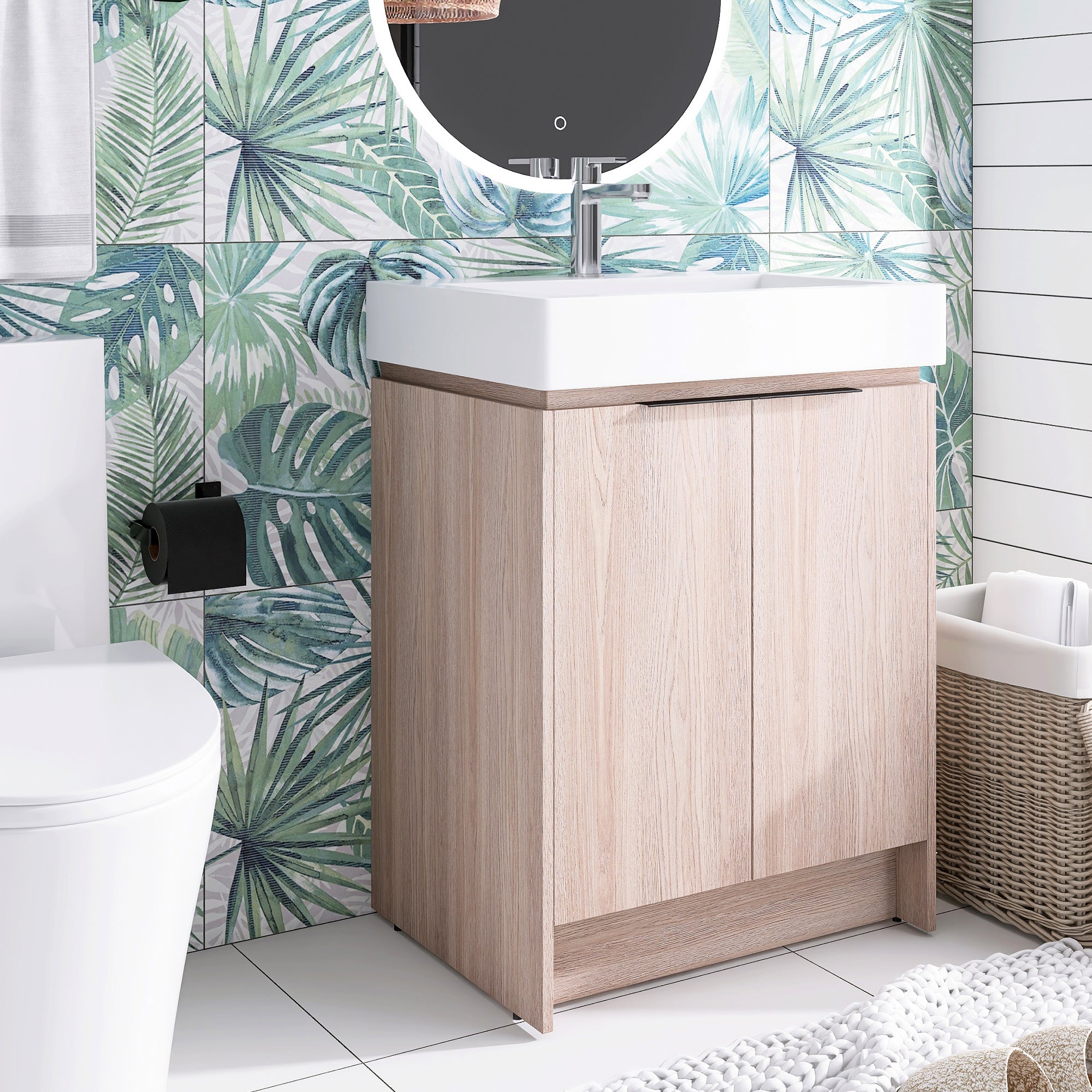 24 Inch Bathroom Vanity in White Oak With Ceramic Basin