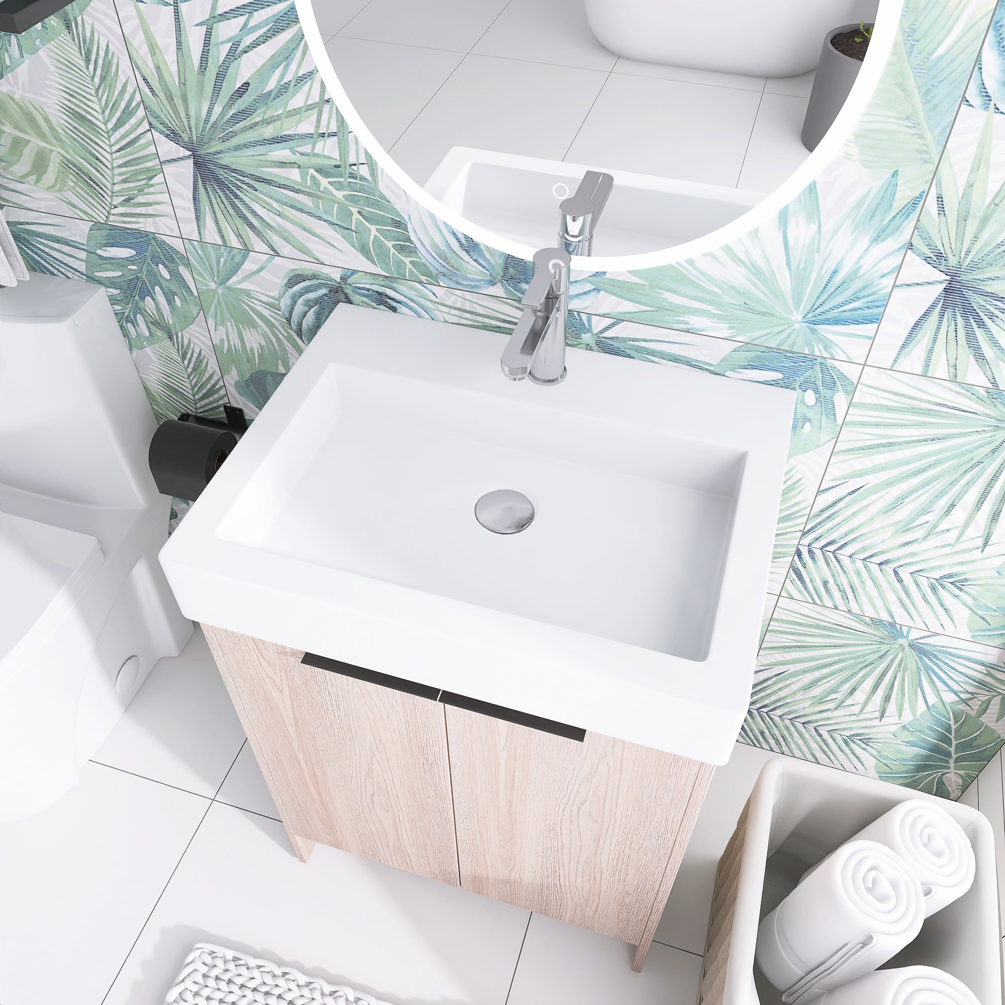 24 Inch Bathroom Vanity in White Oak With Ceramic Basin