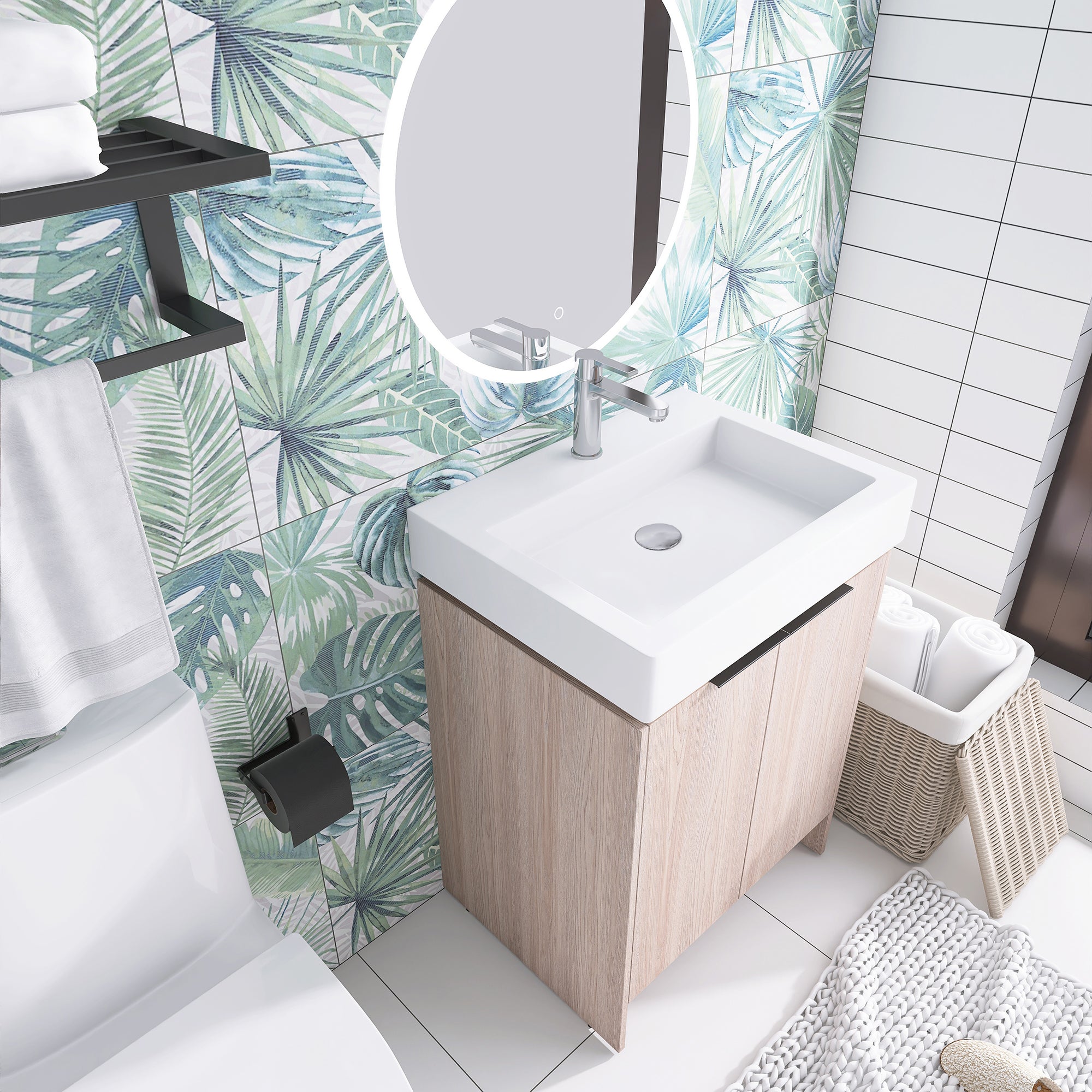 24 Inch Bathroom Vanity in White Oak With Ceramic Basin