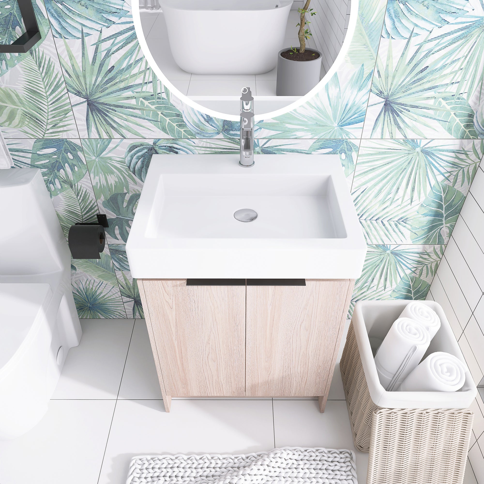 24 Inch Bathroom Vanity in White Oak With Ceramic Basin