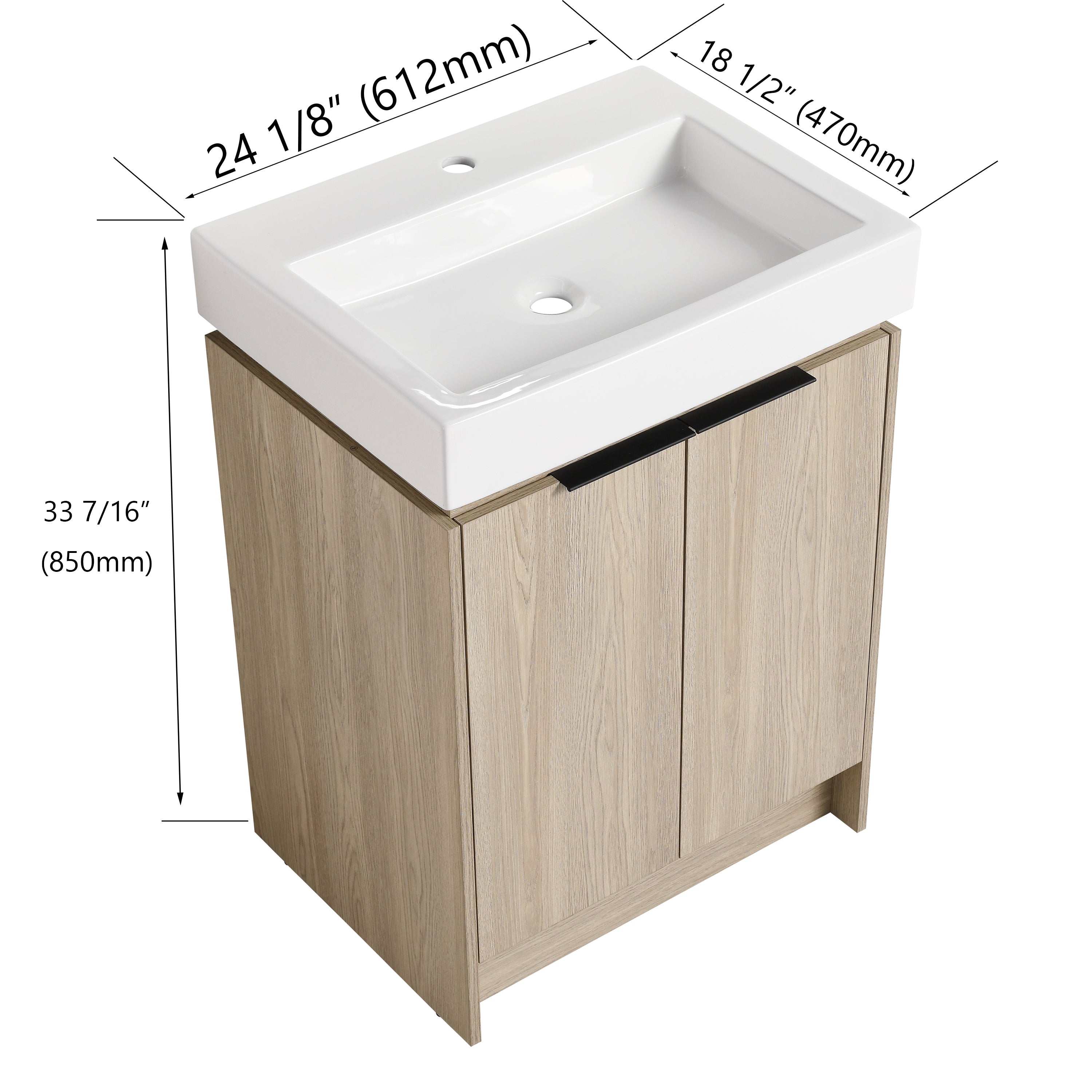 24 Inch Bathroom Vanity in White Oak With Ceramic Basin