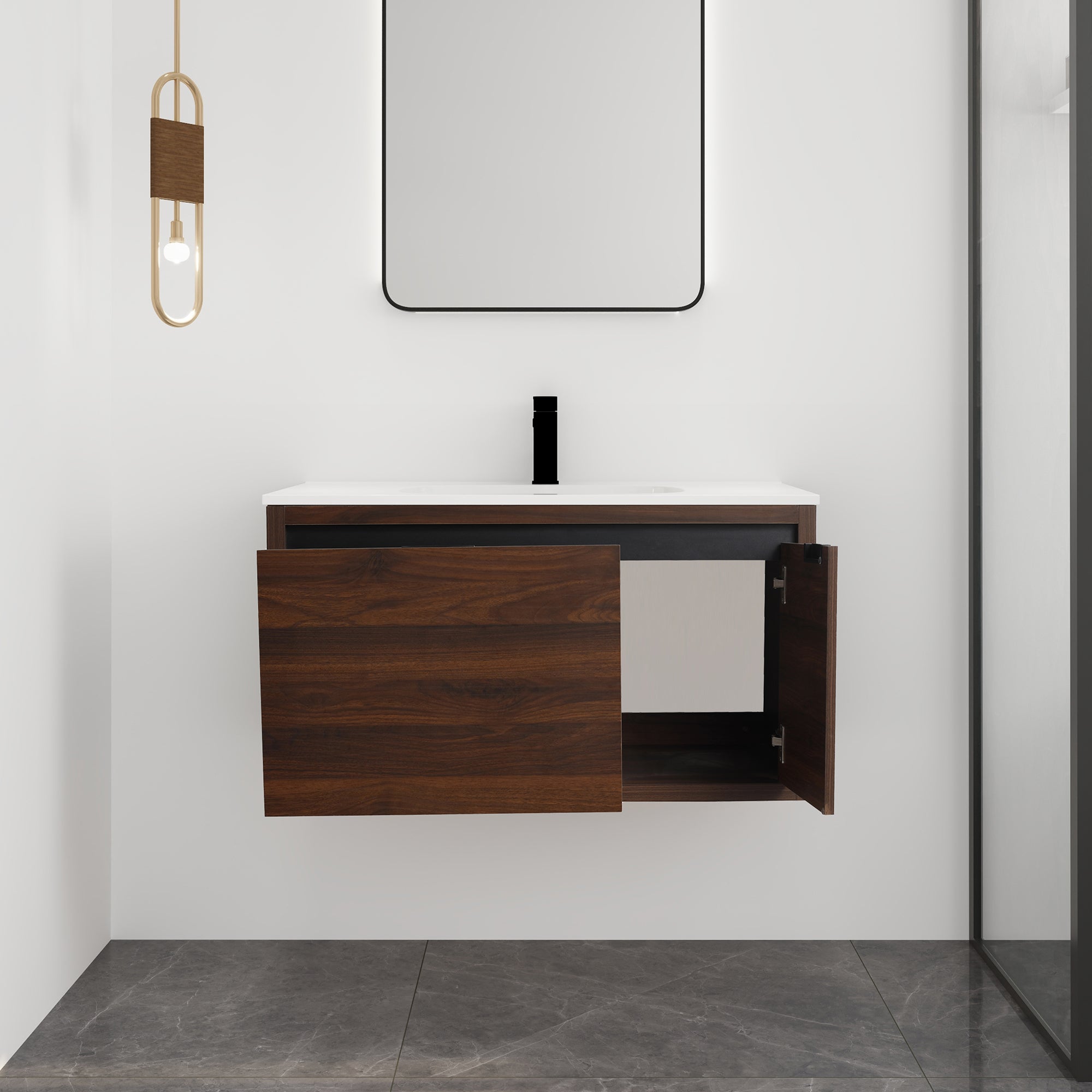 36 Inch Wall Mounted Bathroom Vanity with Soft-closing  Doors and Drawer with Cultured Marble Sink