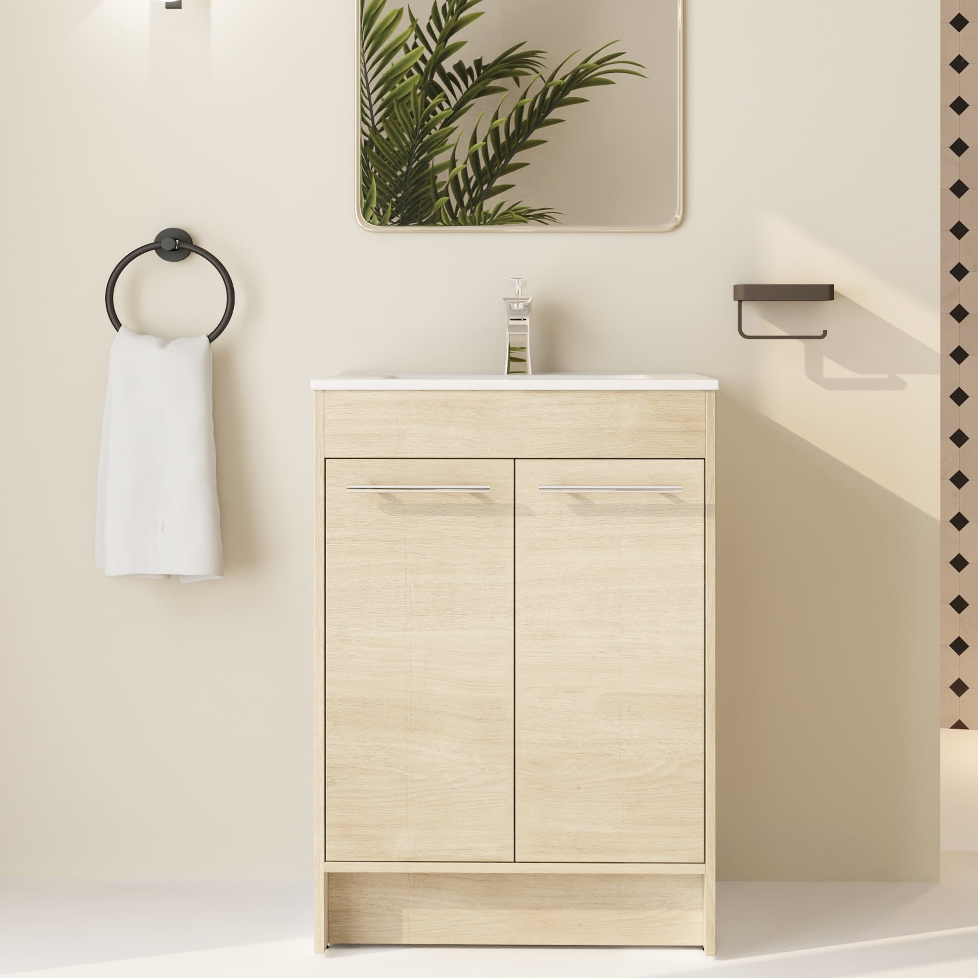 24 inch Plywood Freestanding Bathroom Vanity in Plain Light Oak with Integrated Resin Sink with Drain