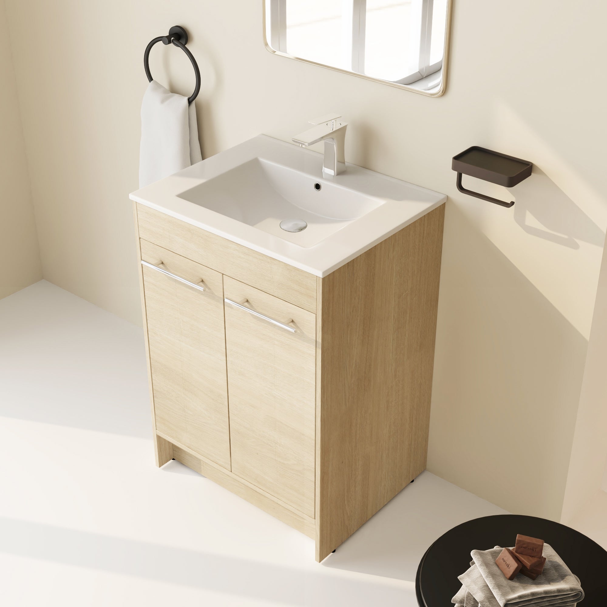 24 inch Plywood Freestanding Bathroom Vanity in Plain Light Oak with Integrated Resin Sink with Drain