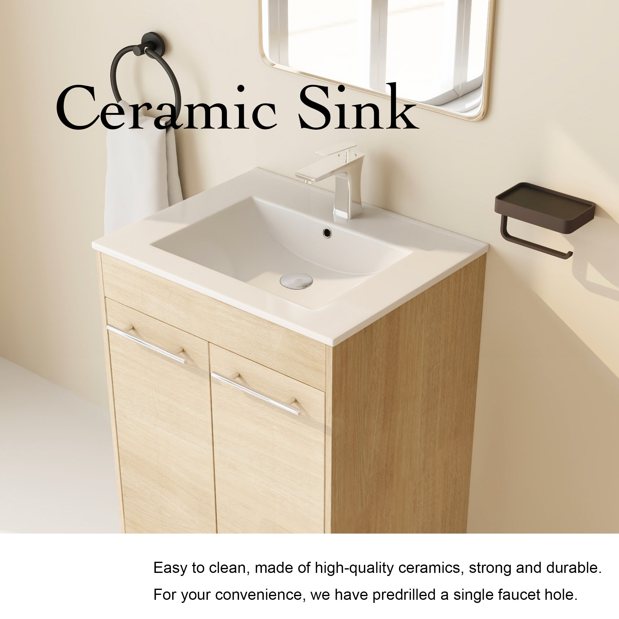 24 inch Plywood Freestanding Bathroom Vanity in Plain Light Oak with Integrated Resin Sink with Drain
