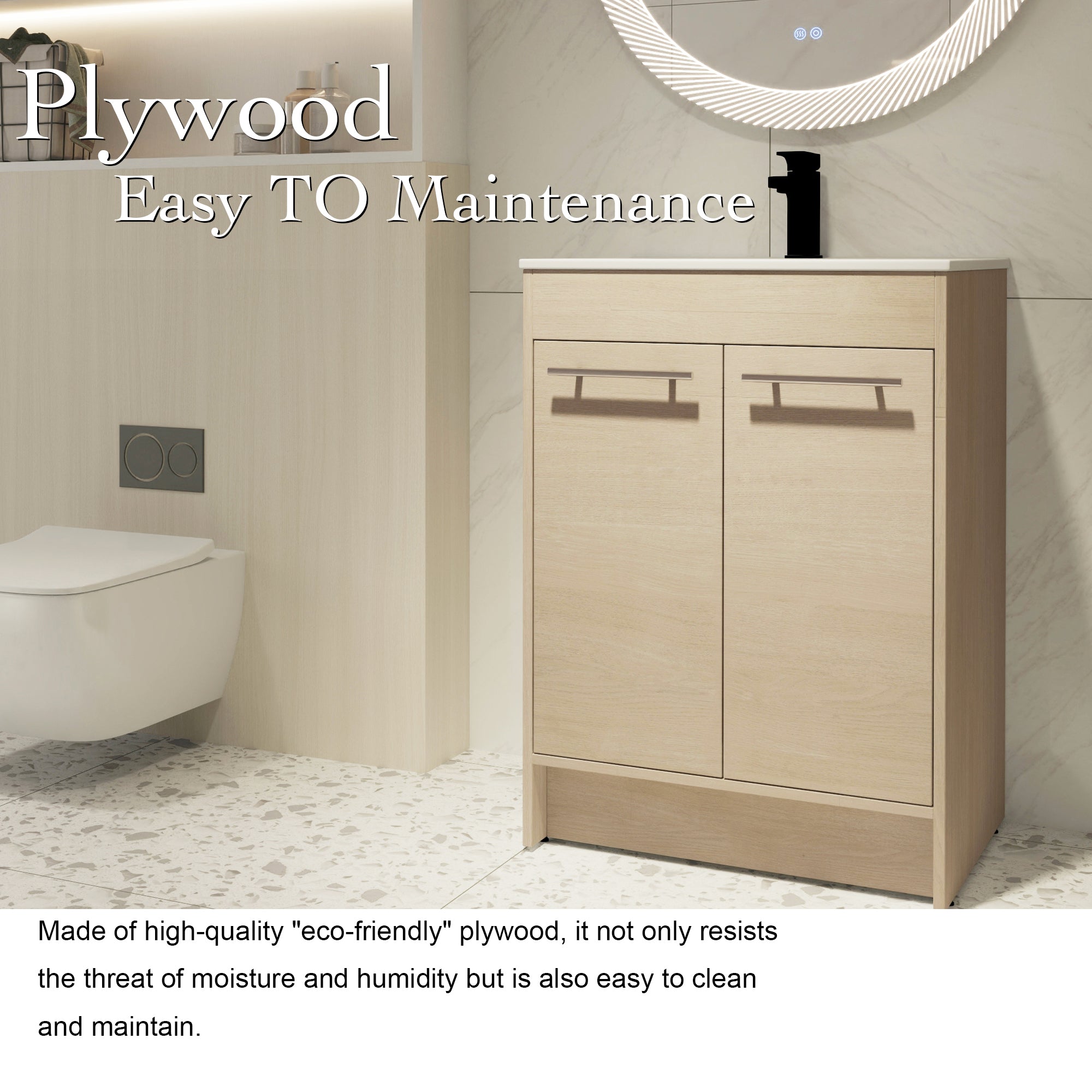 24 inch Plywood Freestanding Bathroom Vanity in Plain Light Oak with Integrated Resin Sink with Drain