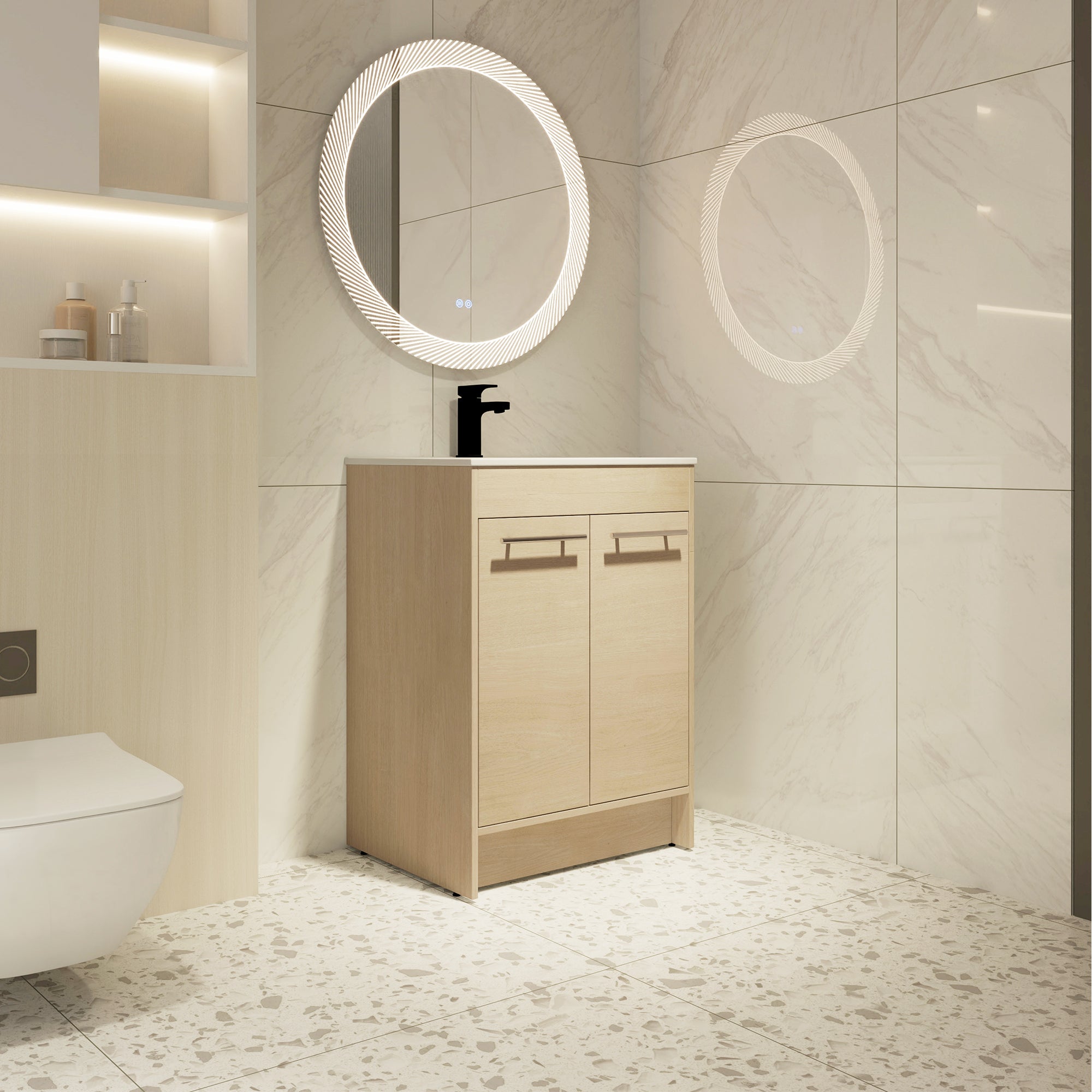24 inch Plywood Freestanding Bathroom Vanity in Plain Light Oak with Integrated Resin Sink with Drain