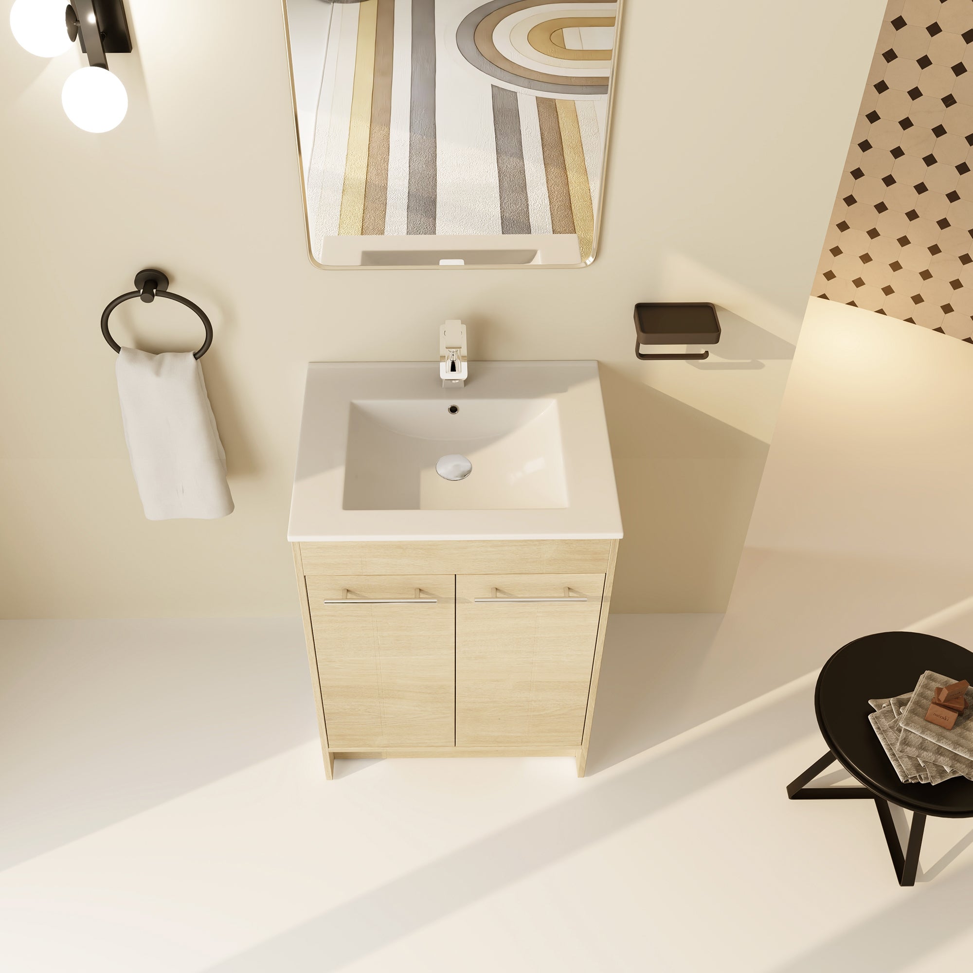 24 inch Plywood Freestanding Bathroom Vanity in Plain Light Oak with Integrated Resin Sink with Drain