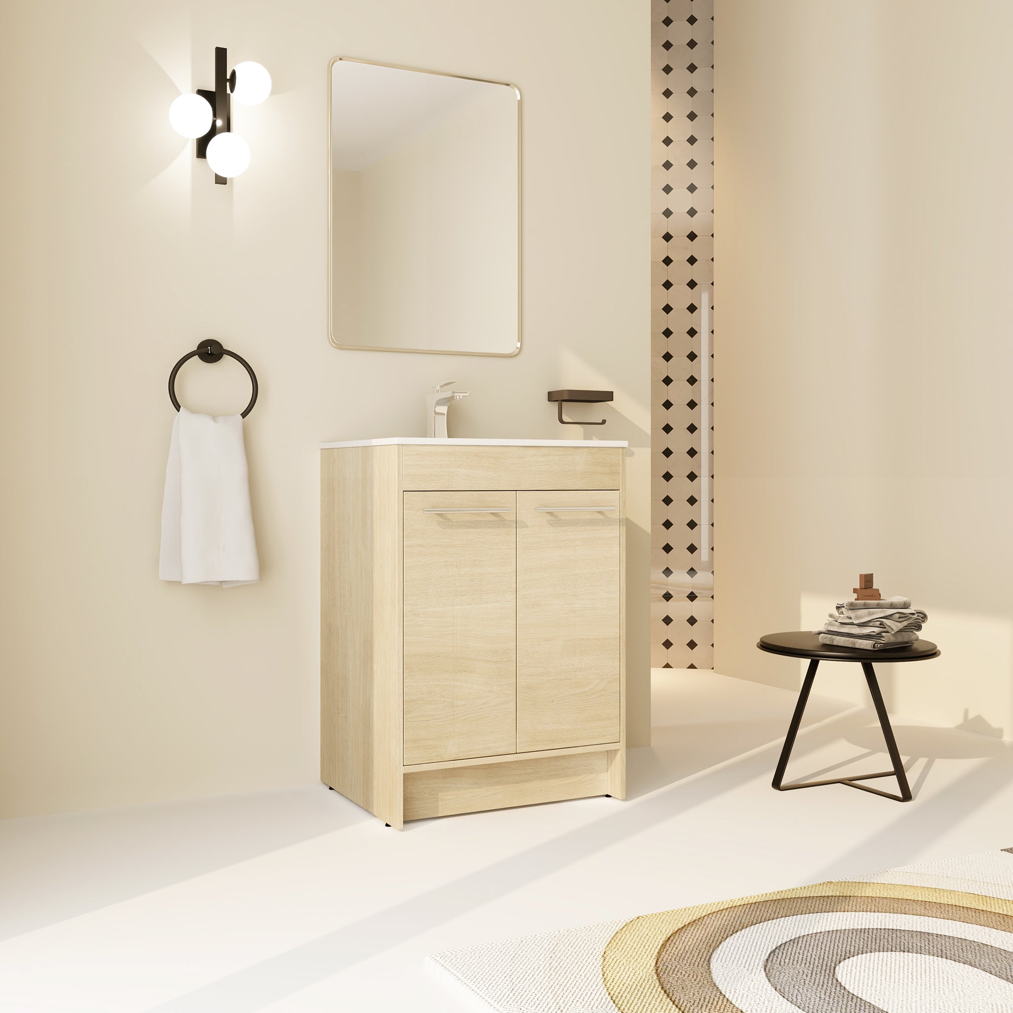 24 inch Plywood Freestanding Bathroom Vanity in Plain Light Oak with Integrated Resin Sink with Drain