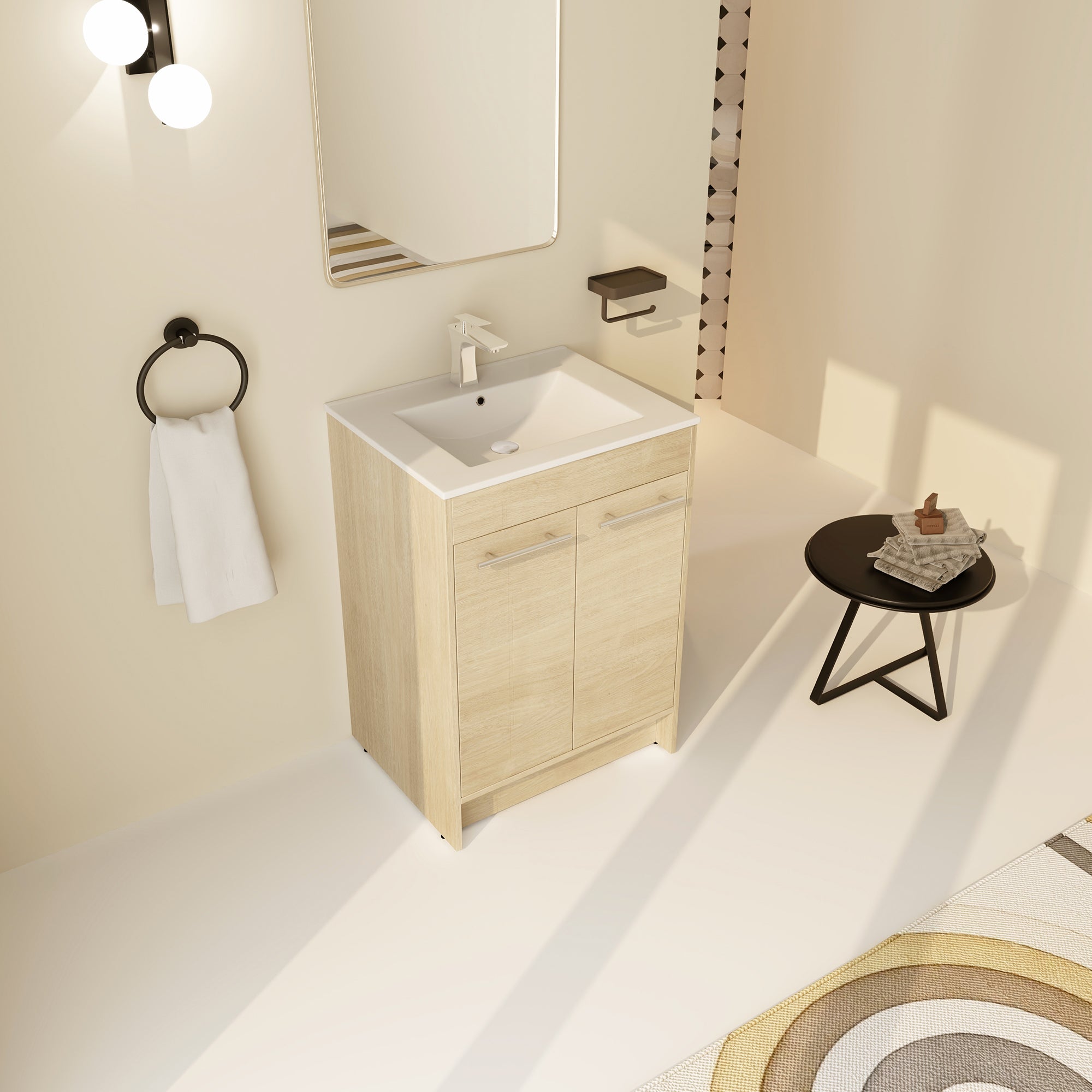 24 inch Plywood Freestanding Bathroom Vanity in Plain Light Oak with Integrated Resin Sink with Drain
