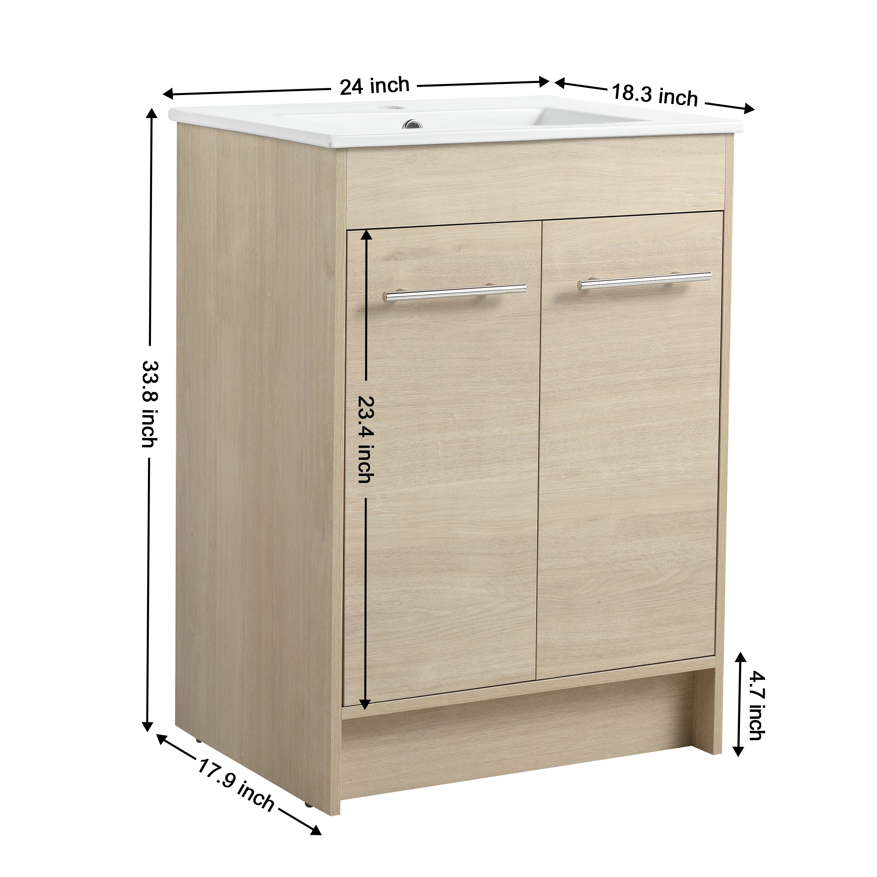 24 inch Plywood Freestanding Bathroom Vanity in Plain Light Oak with Integrated Resin Sink with Drain