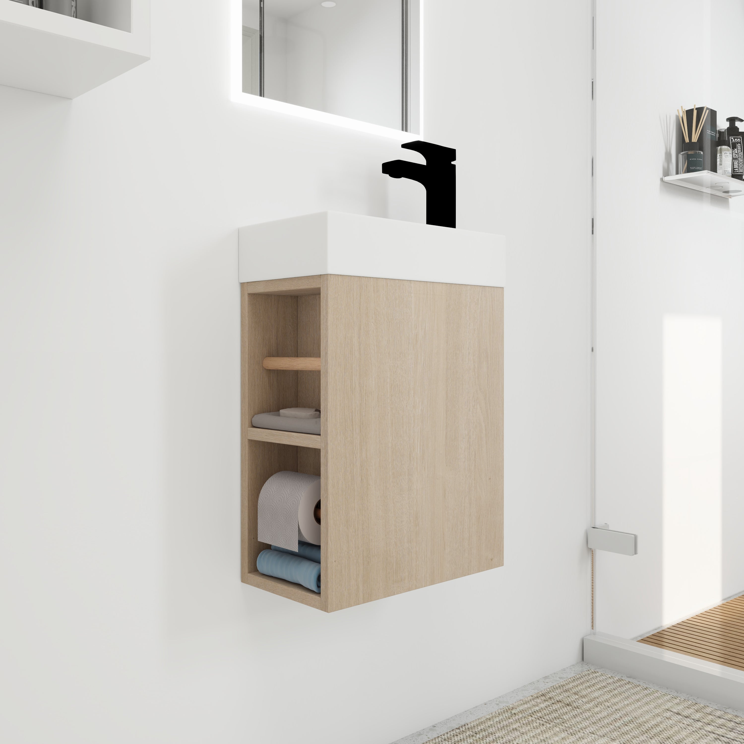 16 inch Plywood Wall Mounted Bathroom Vanity in Plain Light Oak with Integrated Resin Sink with Drain
