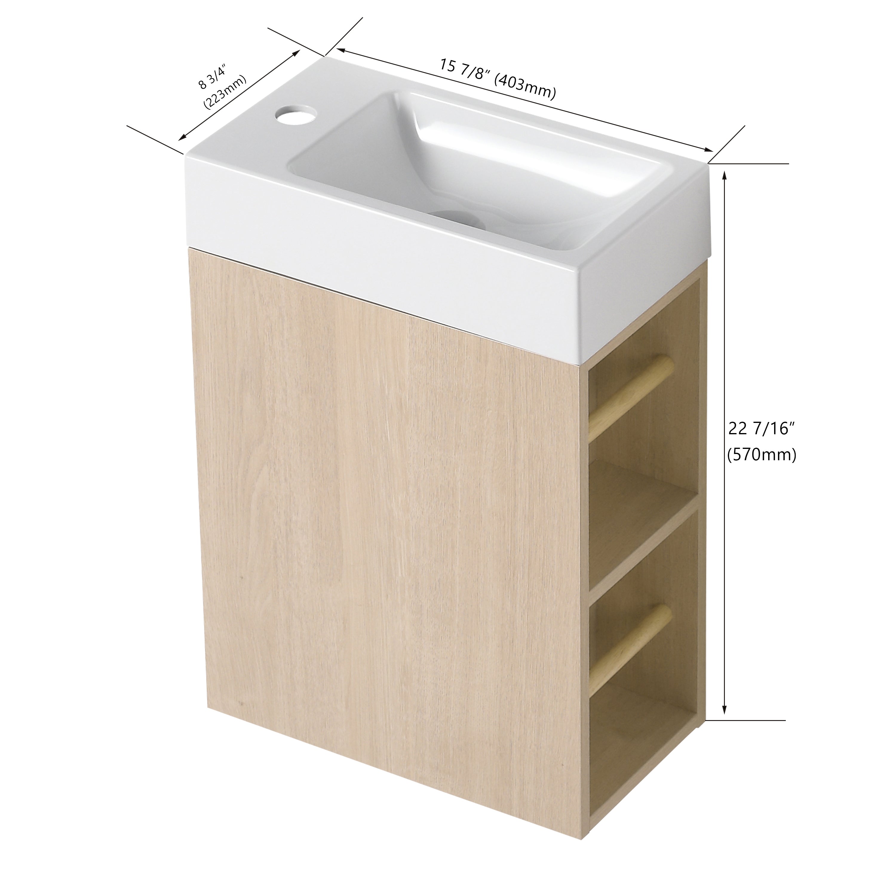 16 inch Plywood Wall Mounted Bathroom Vanity in Plain Light Oak with Integrated Resin Sink with Drain