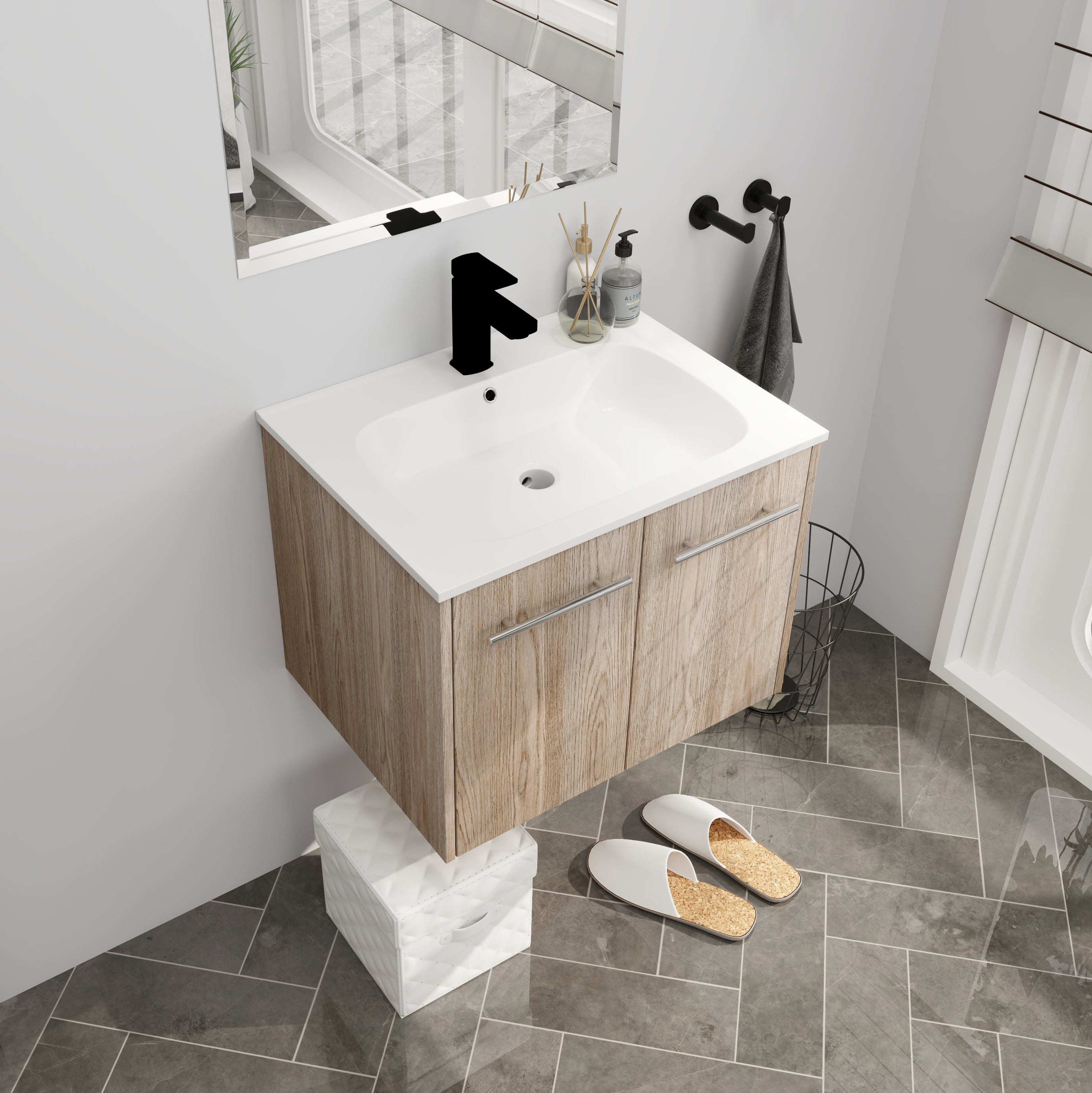 Wall Mounted Bathroom Vanity with Soft-closing Doors with Cultured Marble Basin