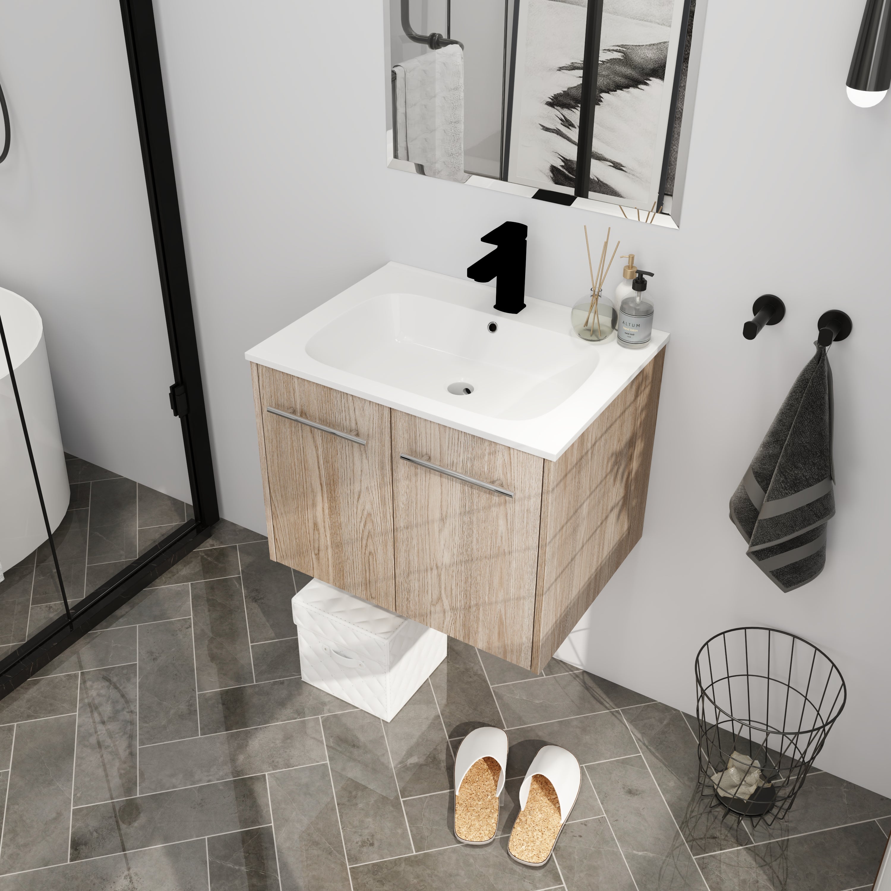 Wall Mounted Bathroom Vanity with Soft-closing Doors with Cultured Marble Basin