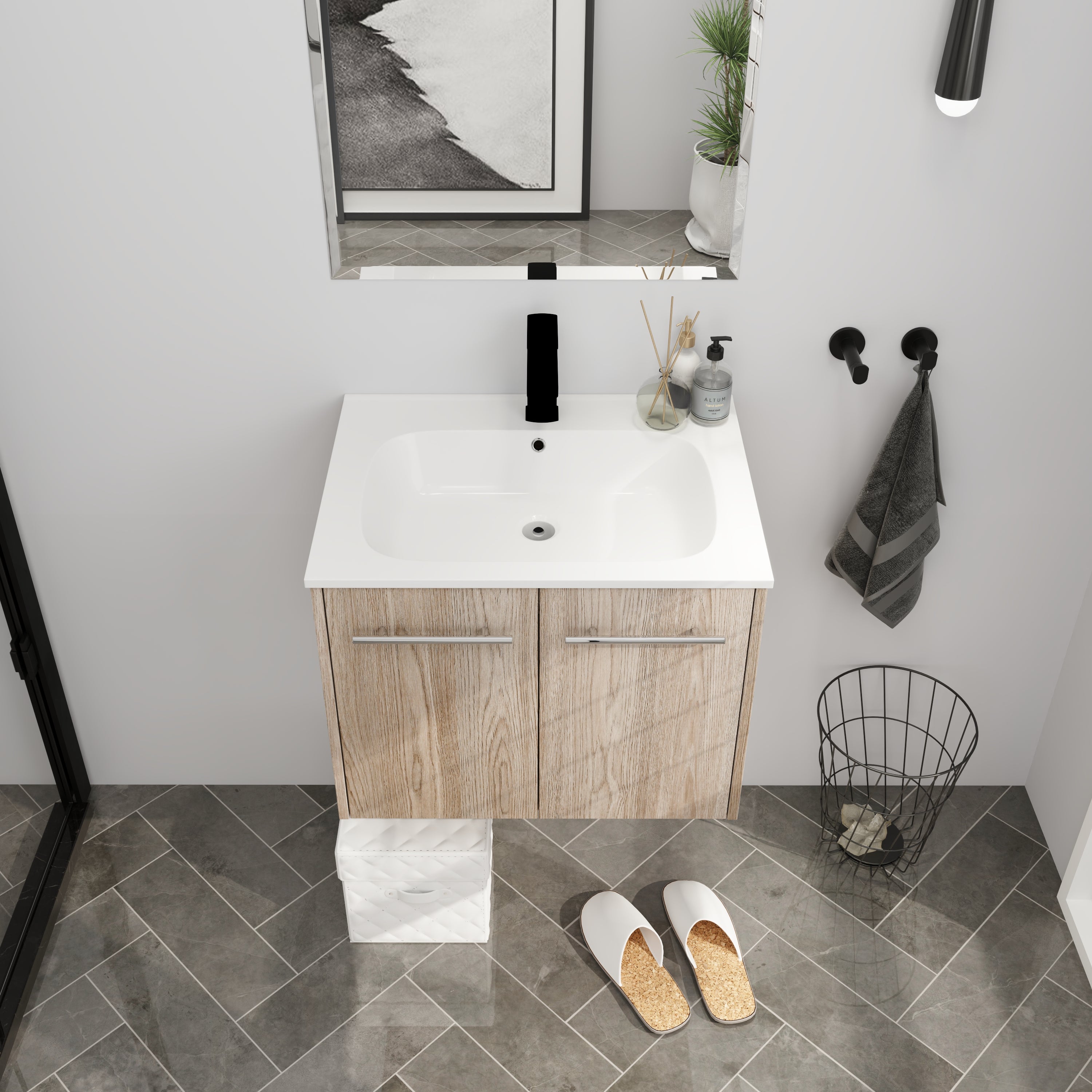 Wall Mounted Bathroom Vanity with Soft-closing Doors with Cultured Marble Basin