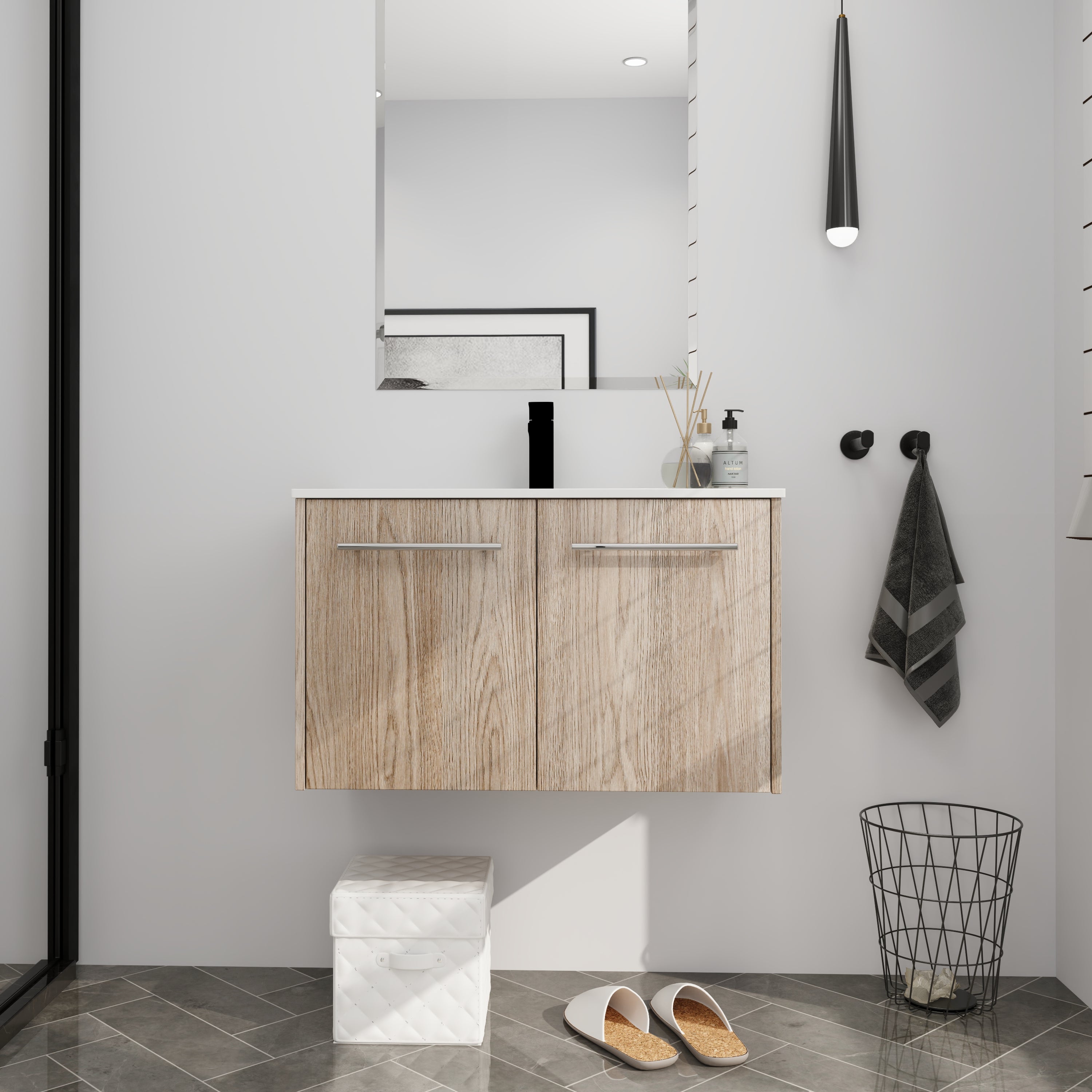 Wall Mounted Bathroom Vanity with Soft-closing Doors with Cultured Marble Basin