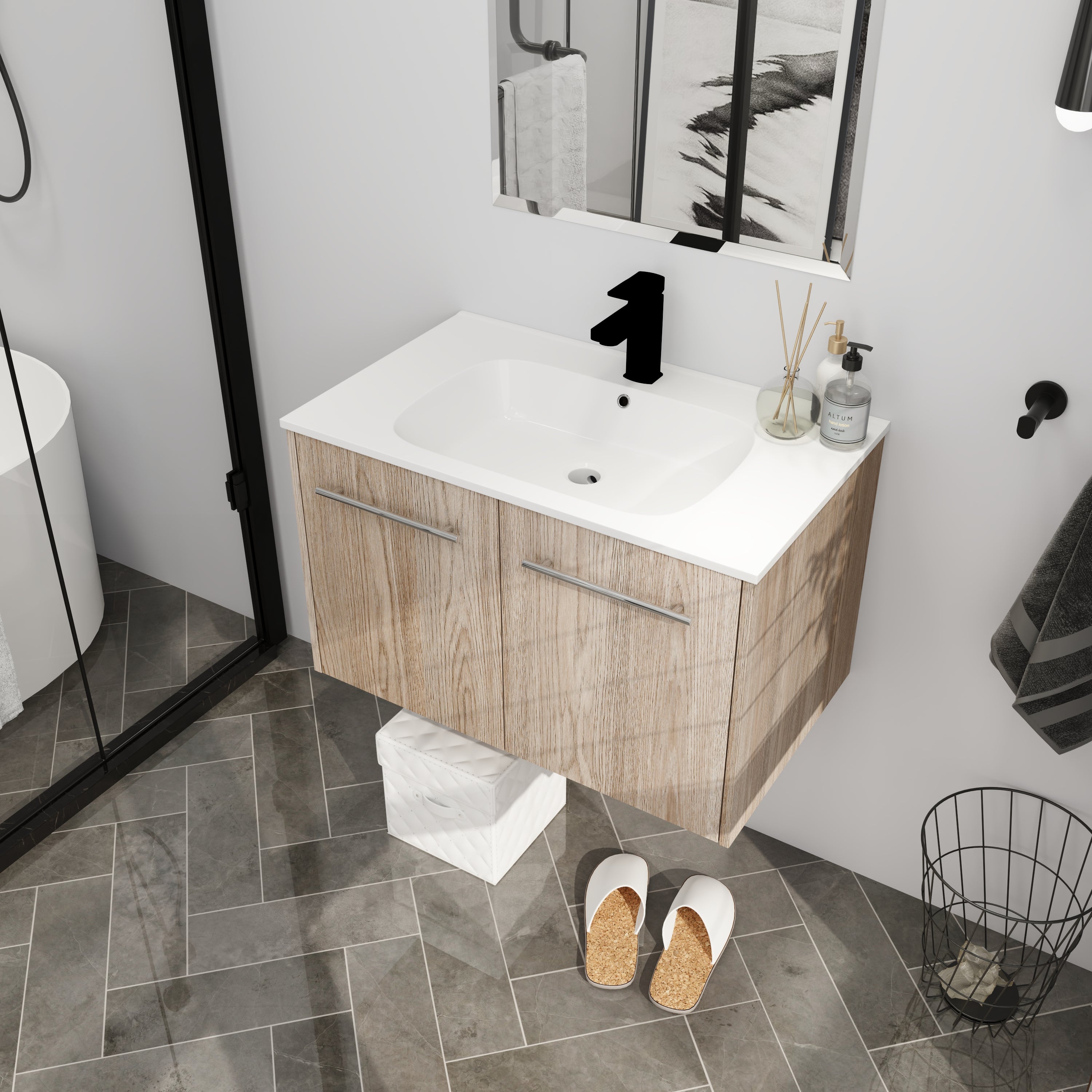 Wall Mounted Bathroom Vanity with Soft-closing Doors with Cultured Marble Basin