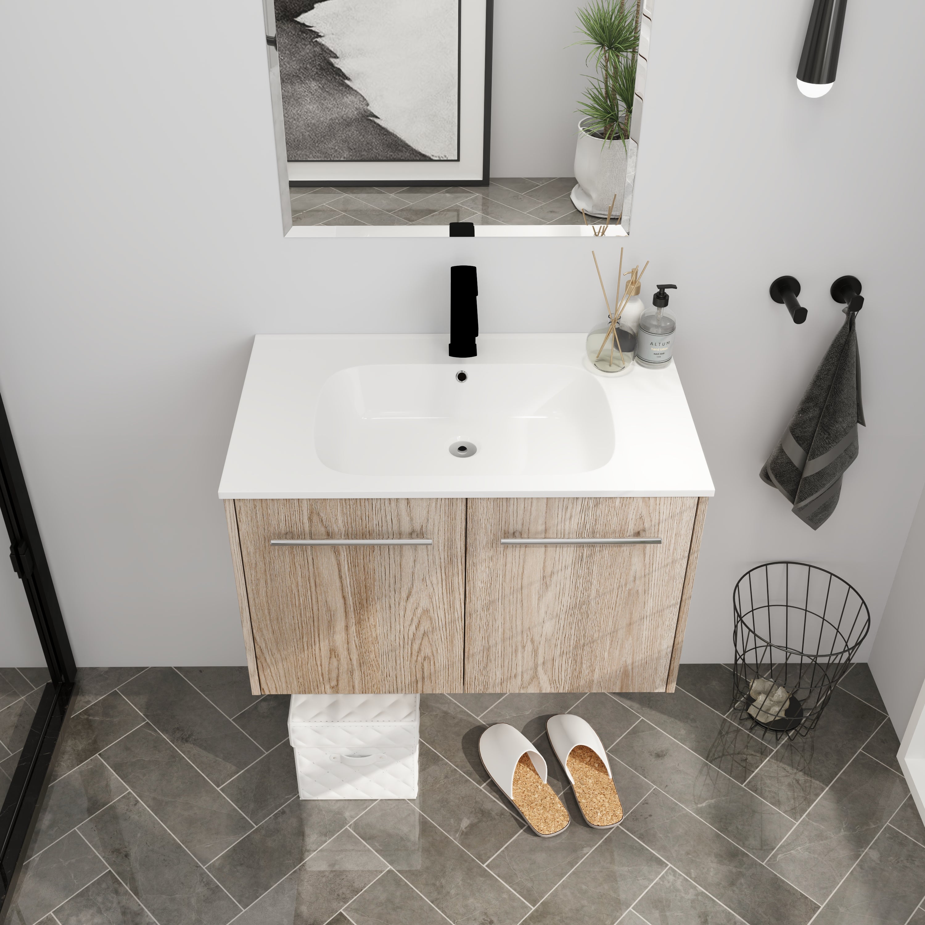 Wall Mounted Bathroom Vanity with Soft-closing Doors with Cultured Marble Basin