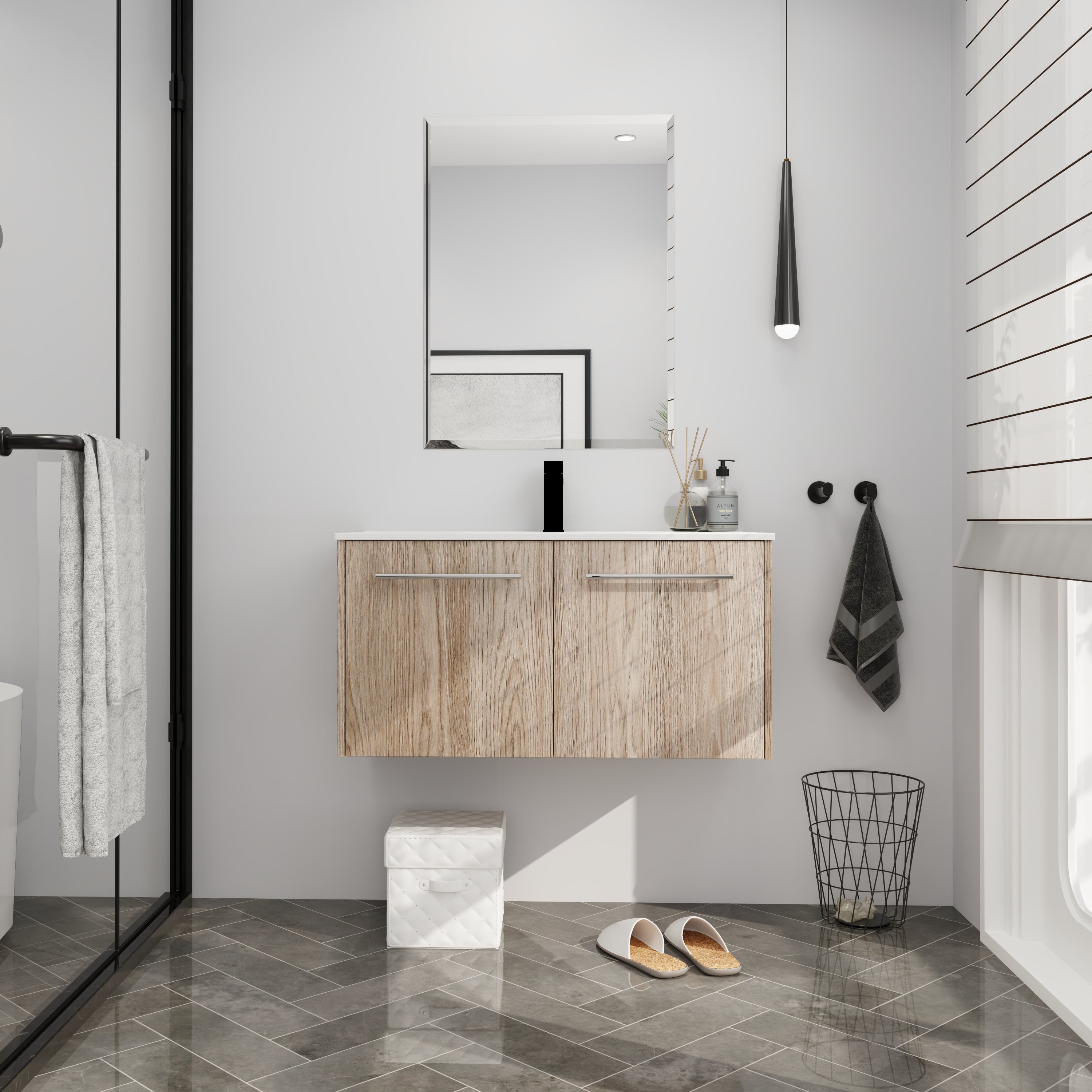 Wall Mounted Bathroom Vanity with Soft-closing Doors with Cultured Marble Basin