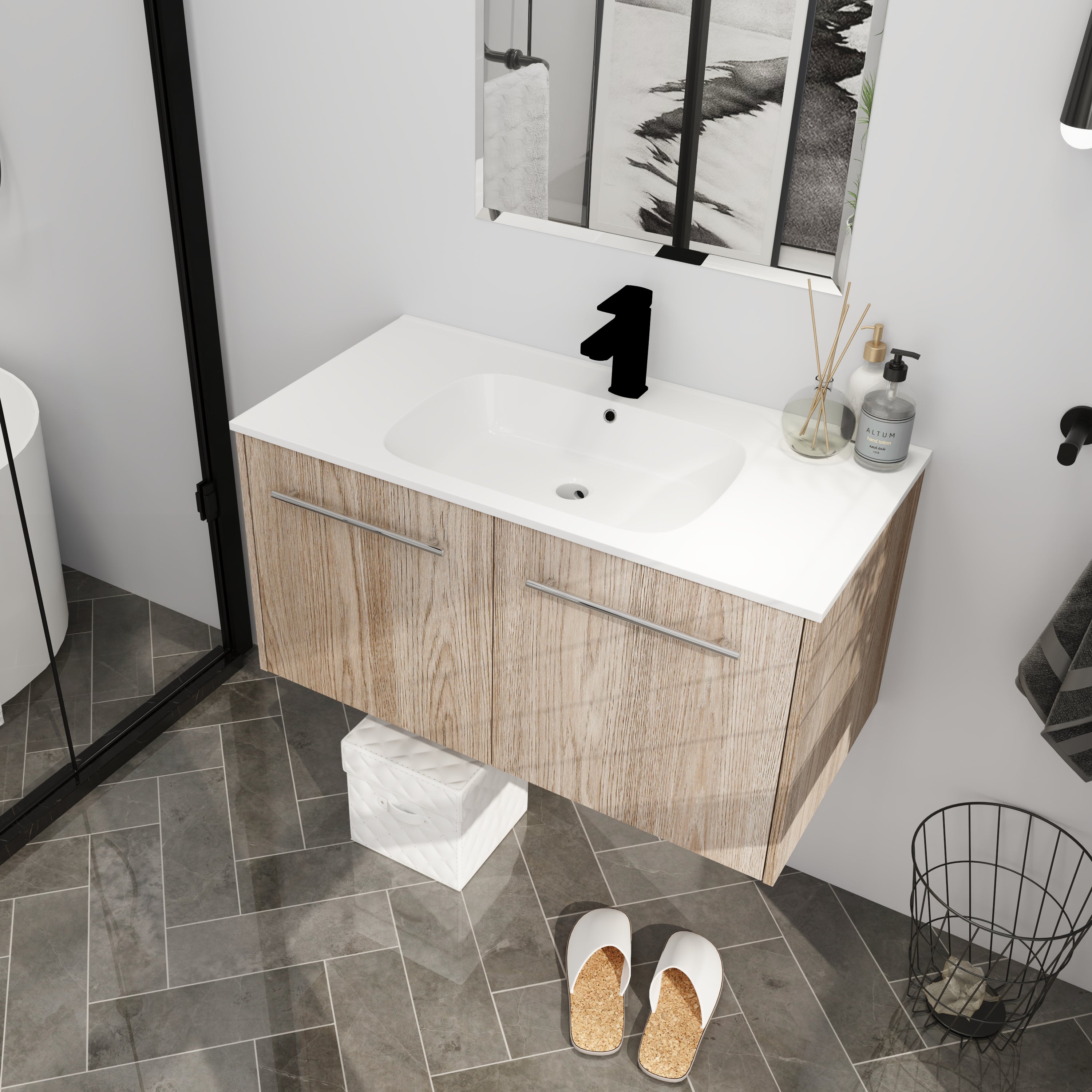 Wall Mounted Bathroom Vanity with Soft-closing Doors with Cultured Marble Basin