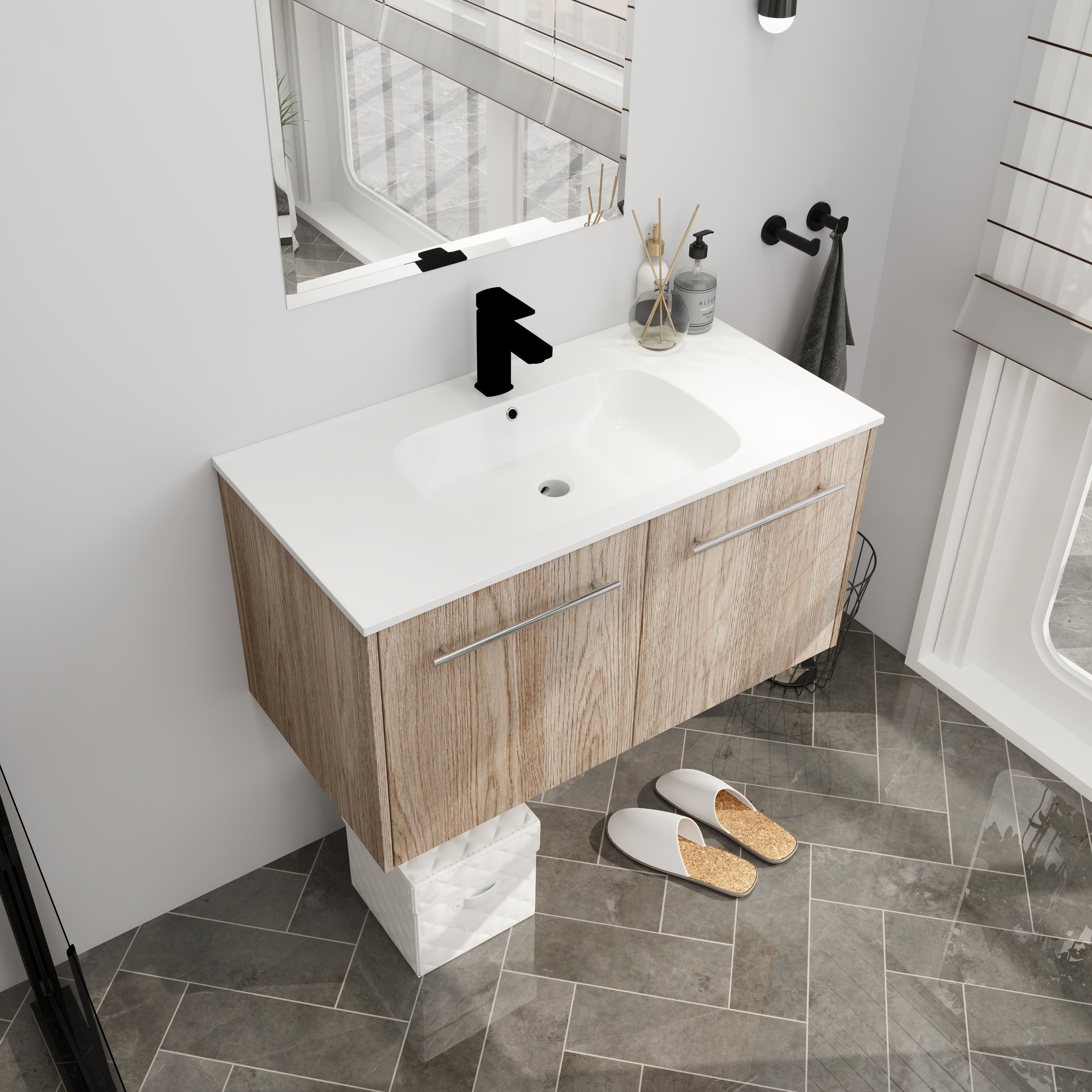 Wall Mounted Bathroom Vanity with Soft-closing Doors with Cultured Marble Basin