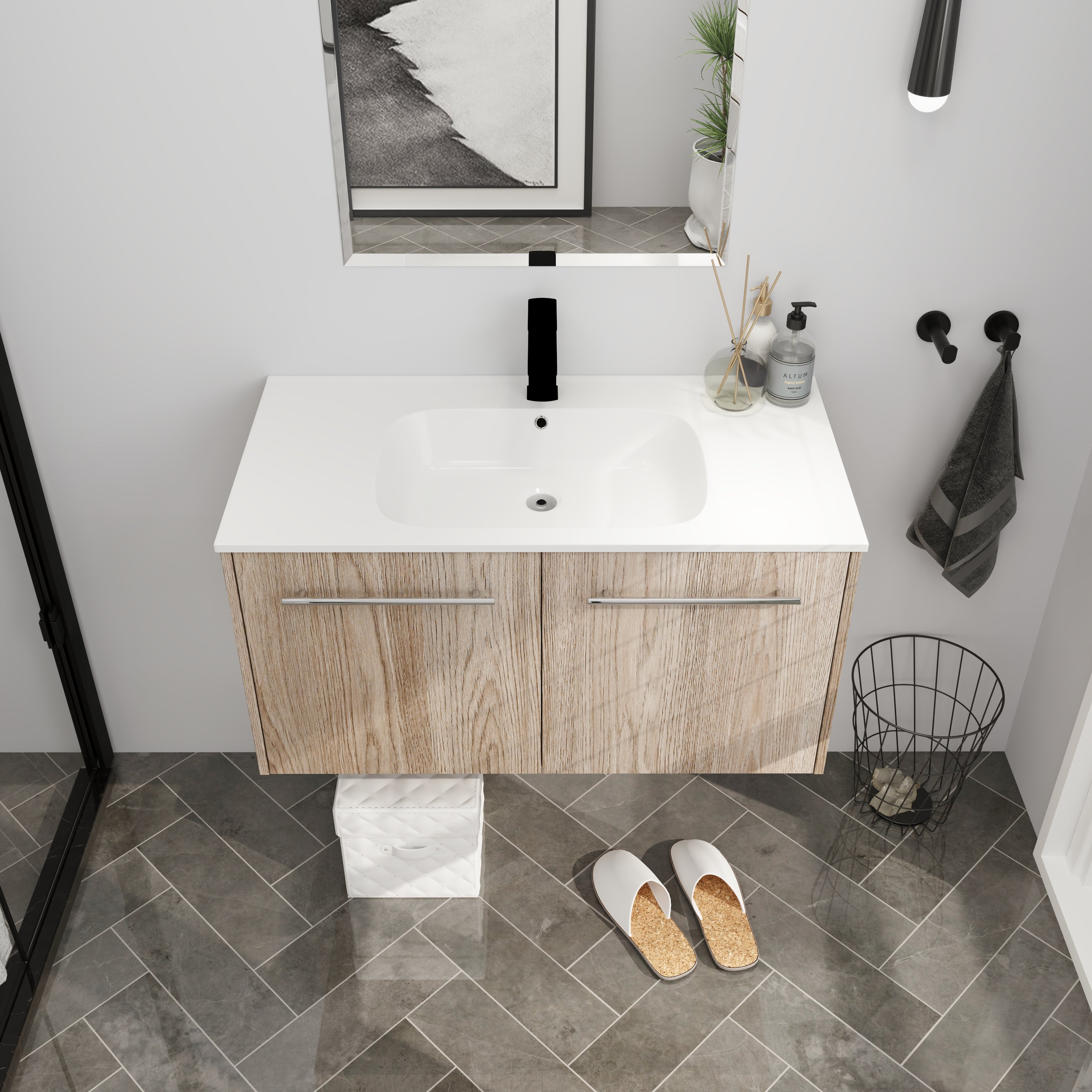 Wall Mounted Bathroom Vanity with Soft-closing Doors with Cultured Marble Basin